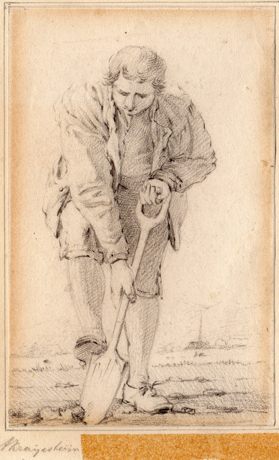 , Antique Drawing-MAN DIGGING-SPADE-FARMER-ZEELAND-Krayestein-c.1825, Pictura Antique Prints