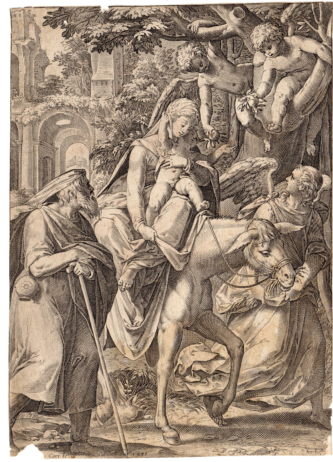 , Antique Master Print-HOLY FAMILY-FLIGHT INTO EGYPT-Zuccaro-Cort-1571, Pictura Antique Prints