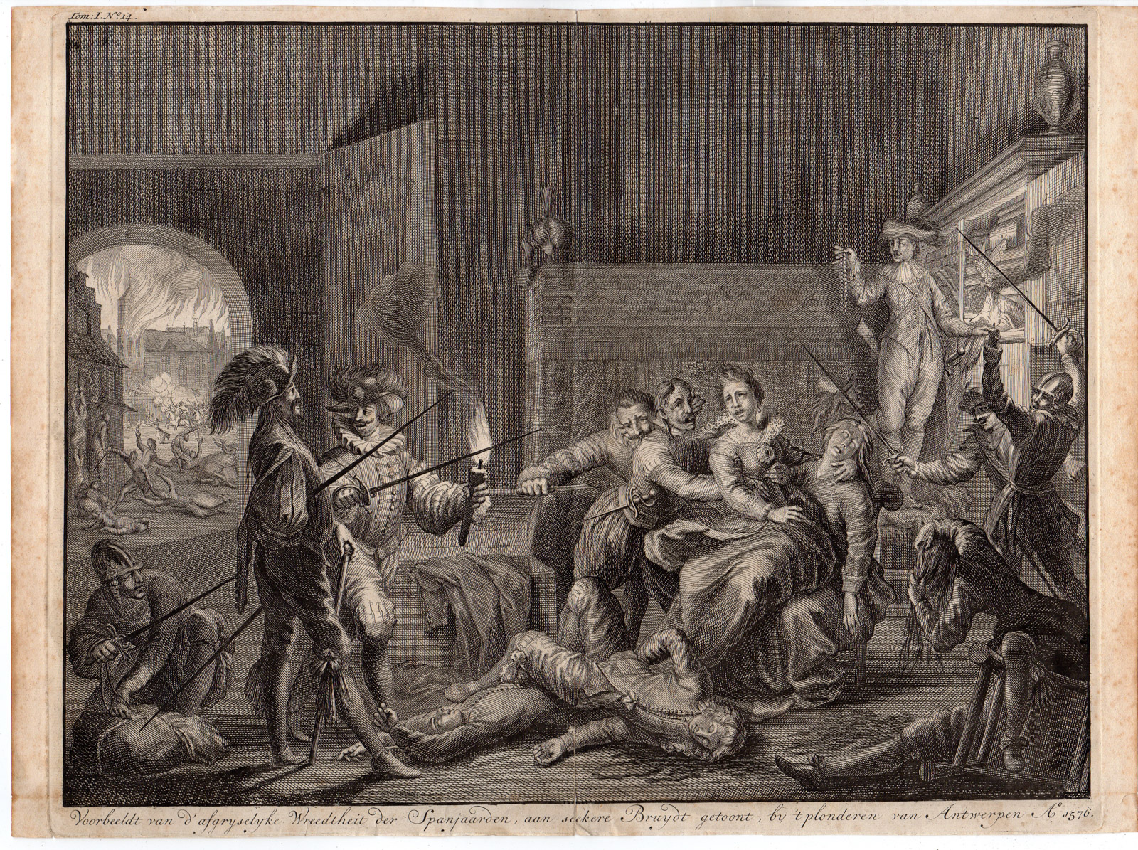 , Antique Print-SPANISH SOLDIERS-PLUNDERING-ANTWERP-Luyken-1677-1679, Pictura Antique Prints