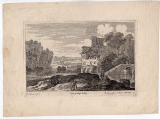 Antique Print-HOUSE NEAR RIVER-PASTORAL LANDSCAPE-Perelle-c.1730