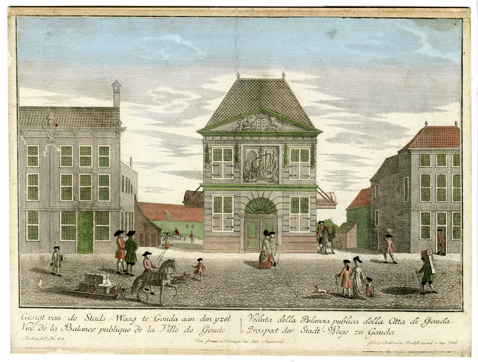 , Antique Print-STADSWAAG-CITY SCALE-GOUDA-Probst-ca.1760, Pictura Antique Prints