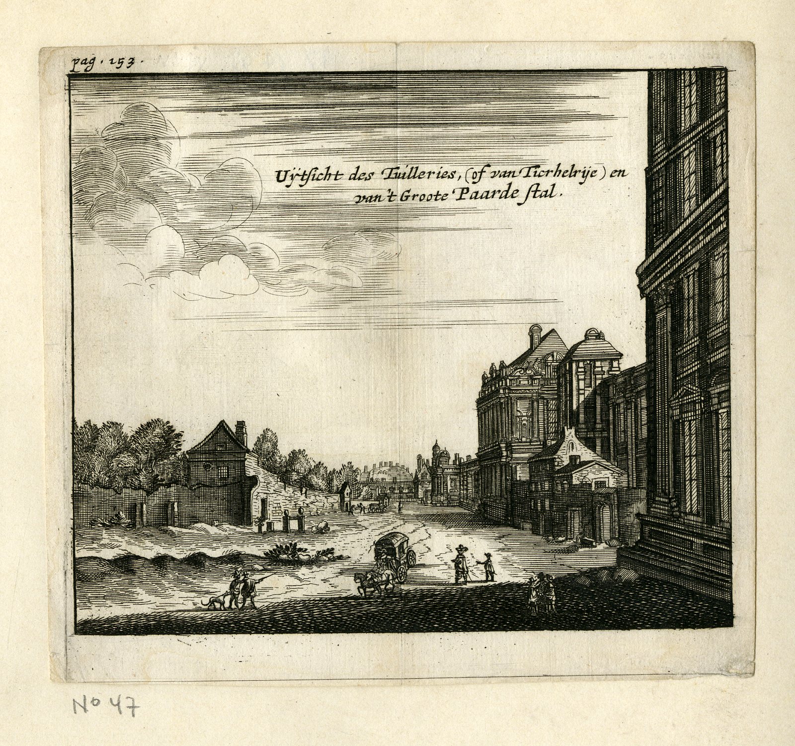 , Rare Antique Print-TUILERIES GARDEN-STABLES-PARIS-Meurs-1666, Pictura Antique Prints