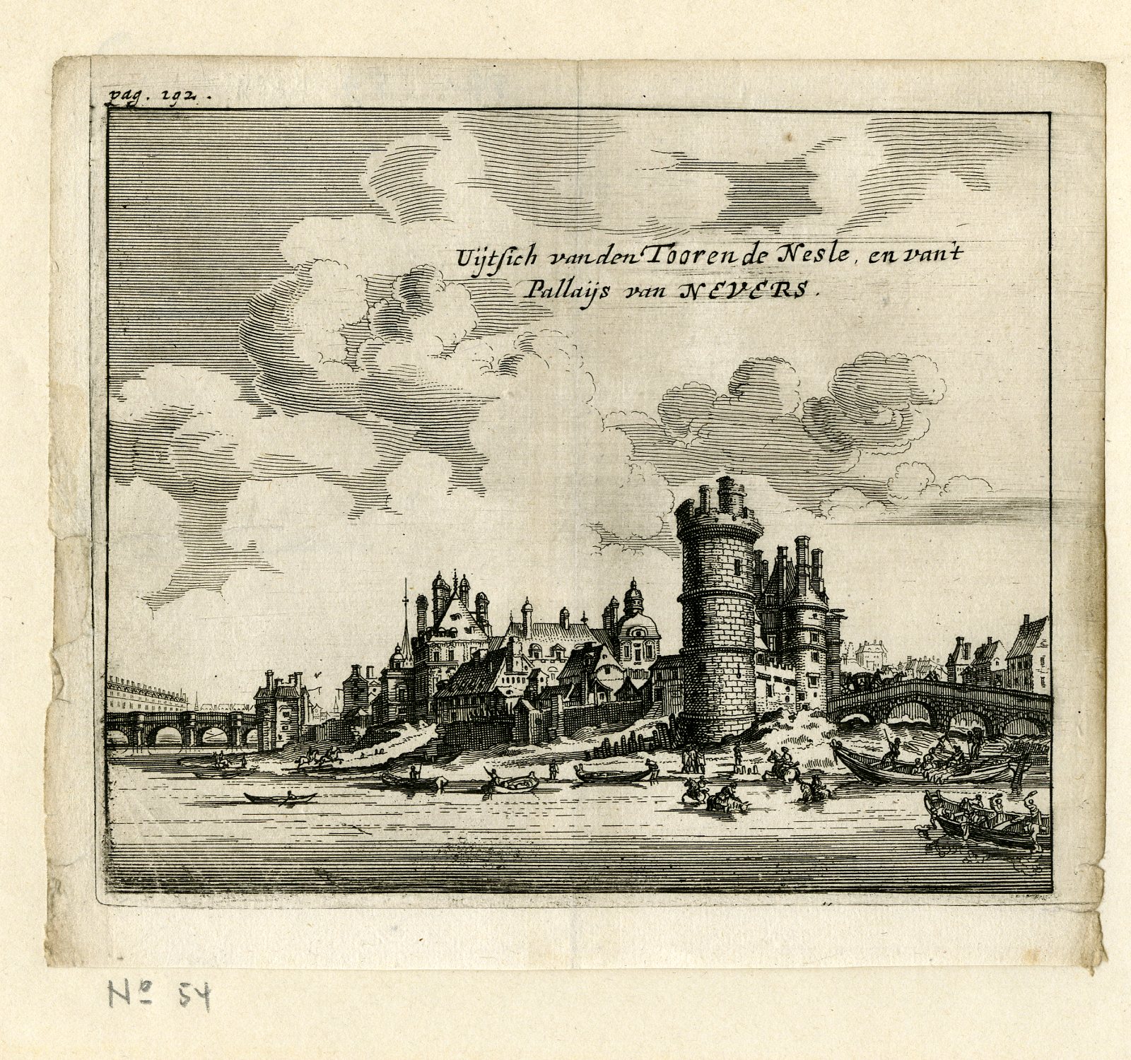 , Antique Print-DUCAL PALACE-NEVERS-TOUR DE NESLE-PARIS-DUKE-Meurs-1666, Pictura Antique Prints