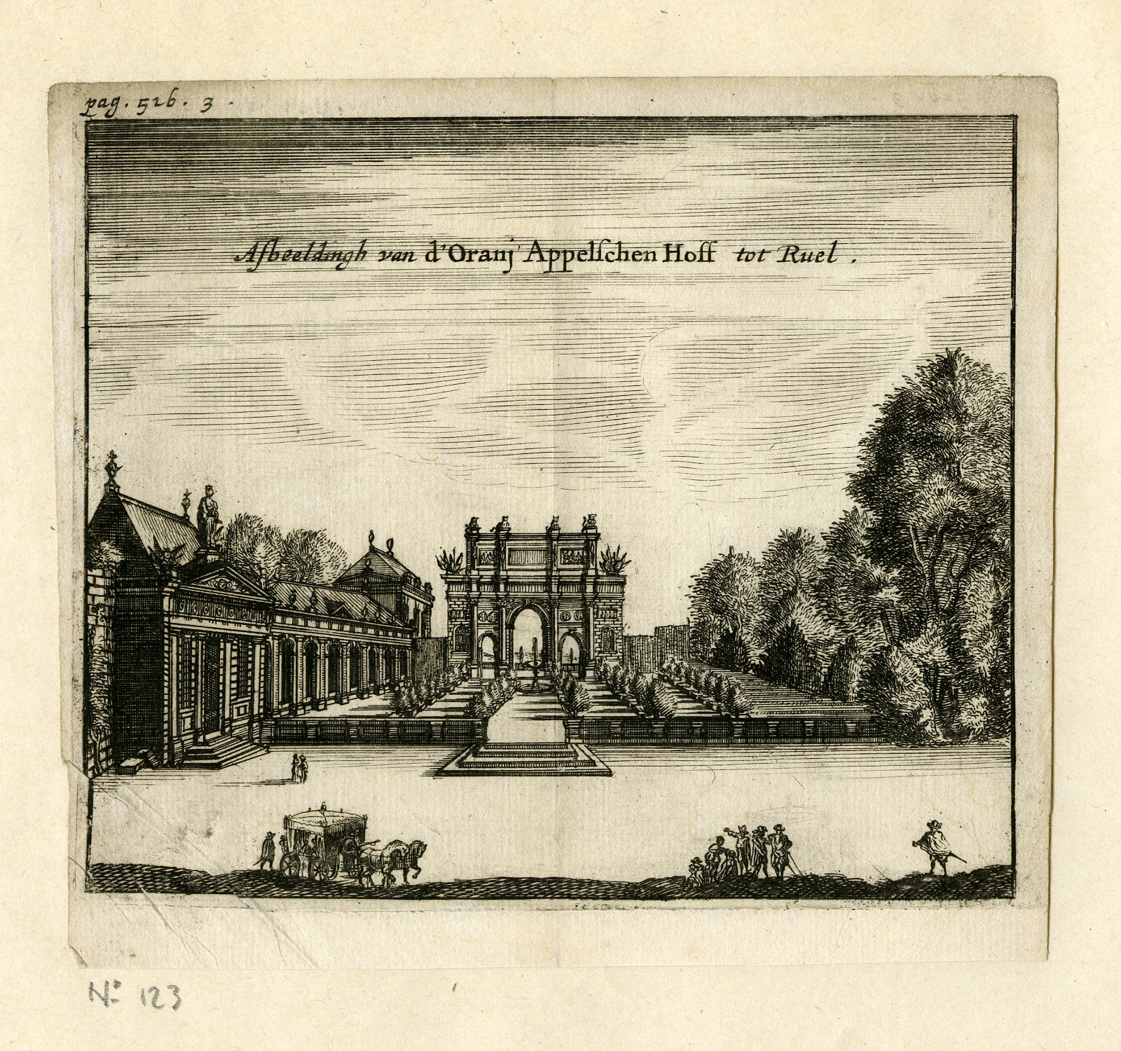 , Rare Antique Print-CASTLE-CHATEAU DE RUEIL-ORANGERIE-Meurs-1666, Pictura Antique Prints