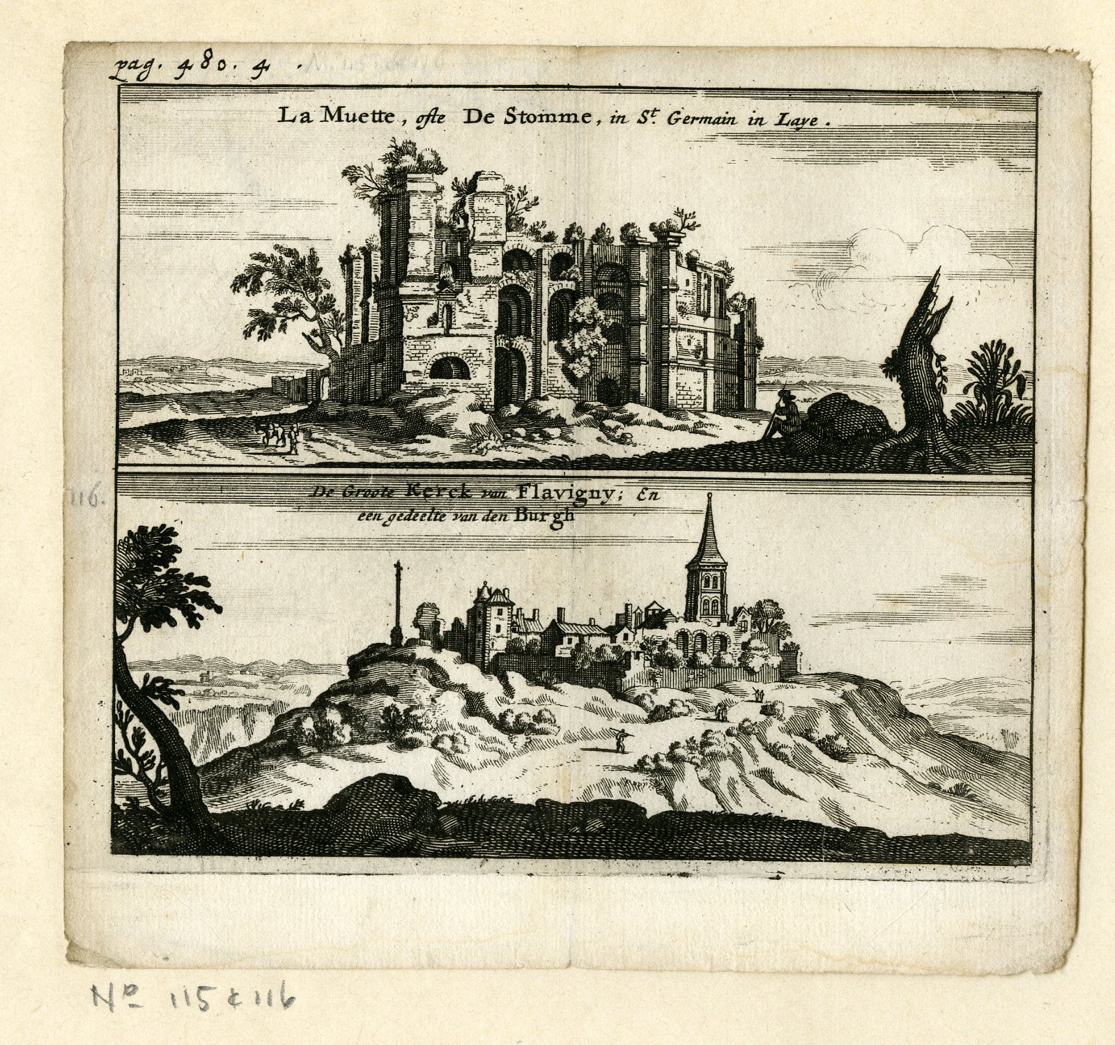 , Rare Antique Print-CASTLE-RUINS-CHURCH-FLAVIGNY-MUETTE-Meurs-1666, Pictura Antique Prints