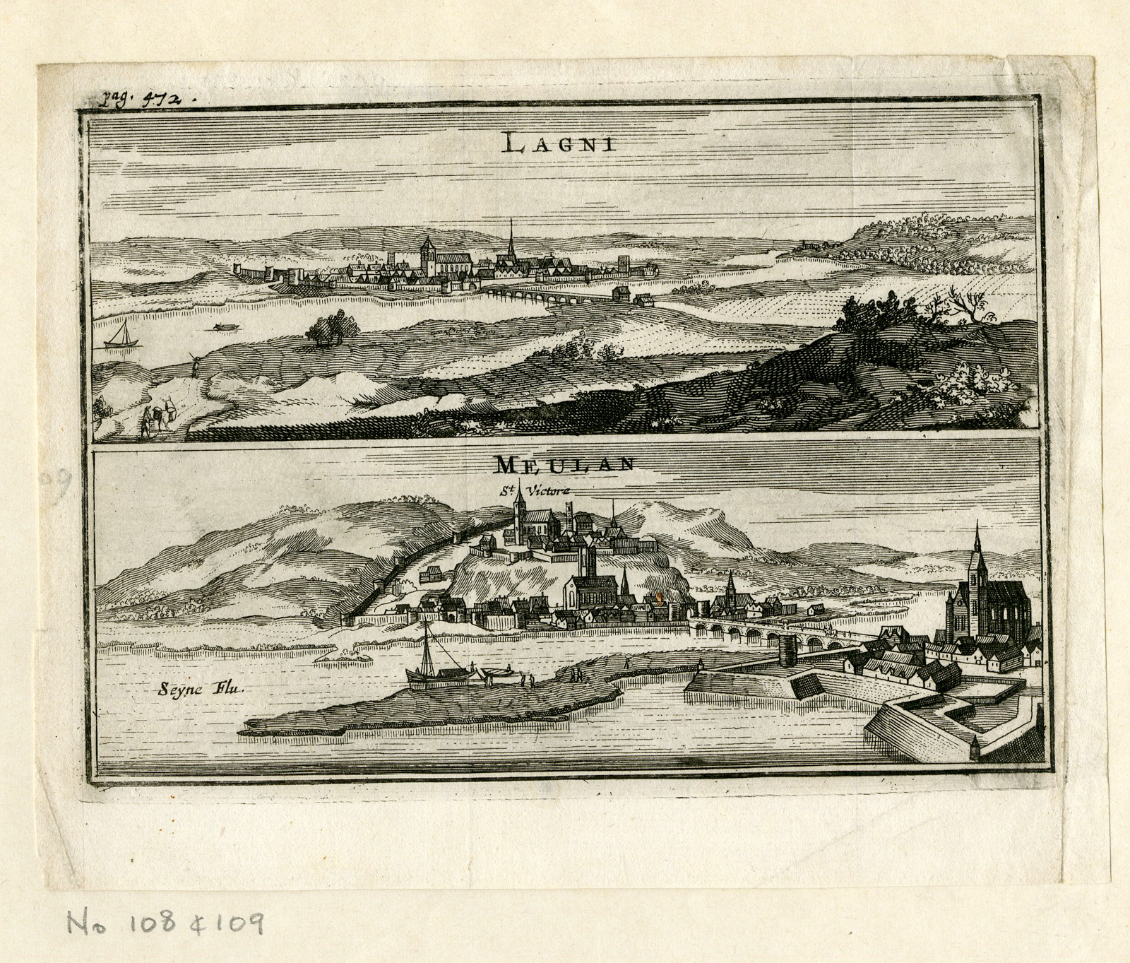 , Rare Antique Print-LAGNY SUR MARNE-MEULAN EN YVELINES-Meurs-1666, Pictura Antique Prints