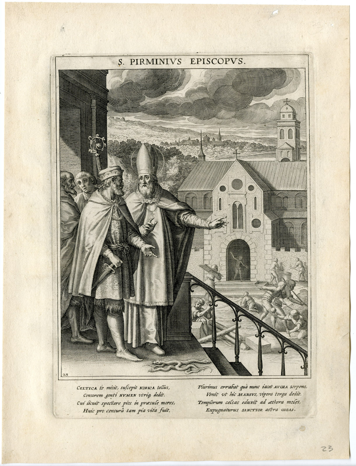 , Antique Master Print-SAINT PERMIN-BISHOP OF REICHENAU-SNAKE-Kager-Sadeler-1615, Pictura Antique Prints