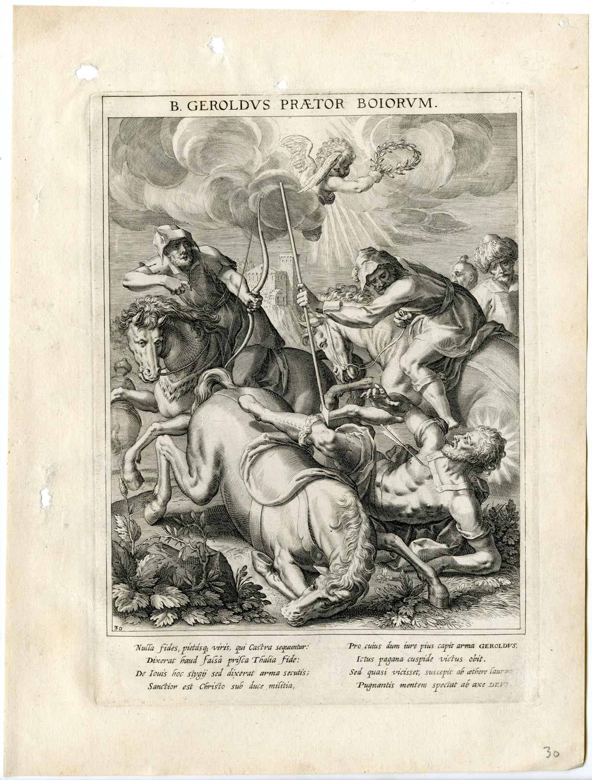 , Antique Master Print-SAINT GERALD OF AURILLAC-BATTLE-HORSE-Kager-Sadeler-1615, Pictura Antique Prints