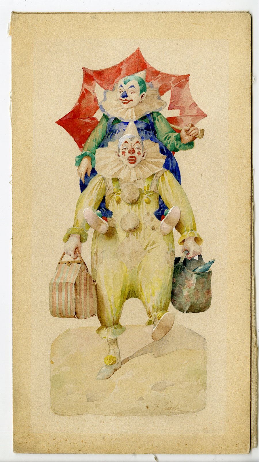 , Watercolour Drawing-CLOWNS-Felix Courché, Pictura Antique Prints