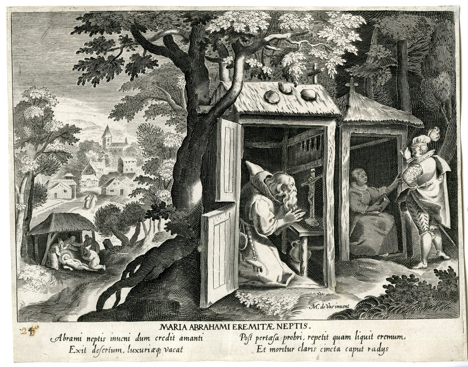 , Antique Master Print-HERMIT-MARIA PECCATRIX-ABRAHAM-after de Vos-c.1600, Pictura Antique Prints