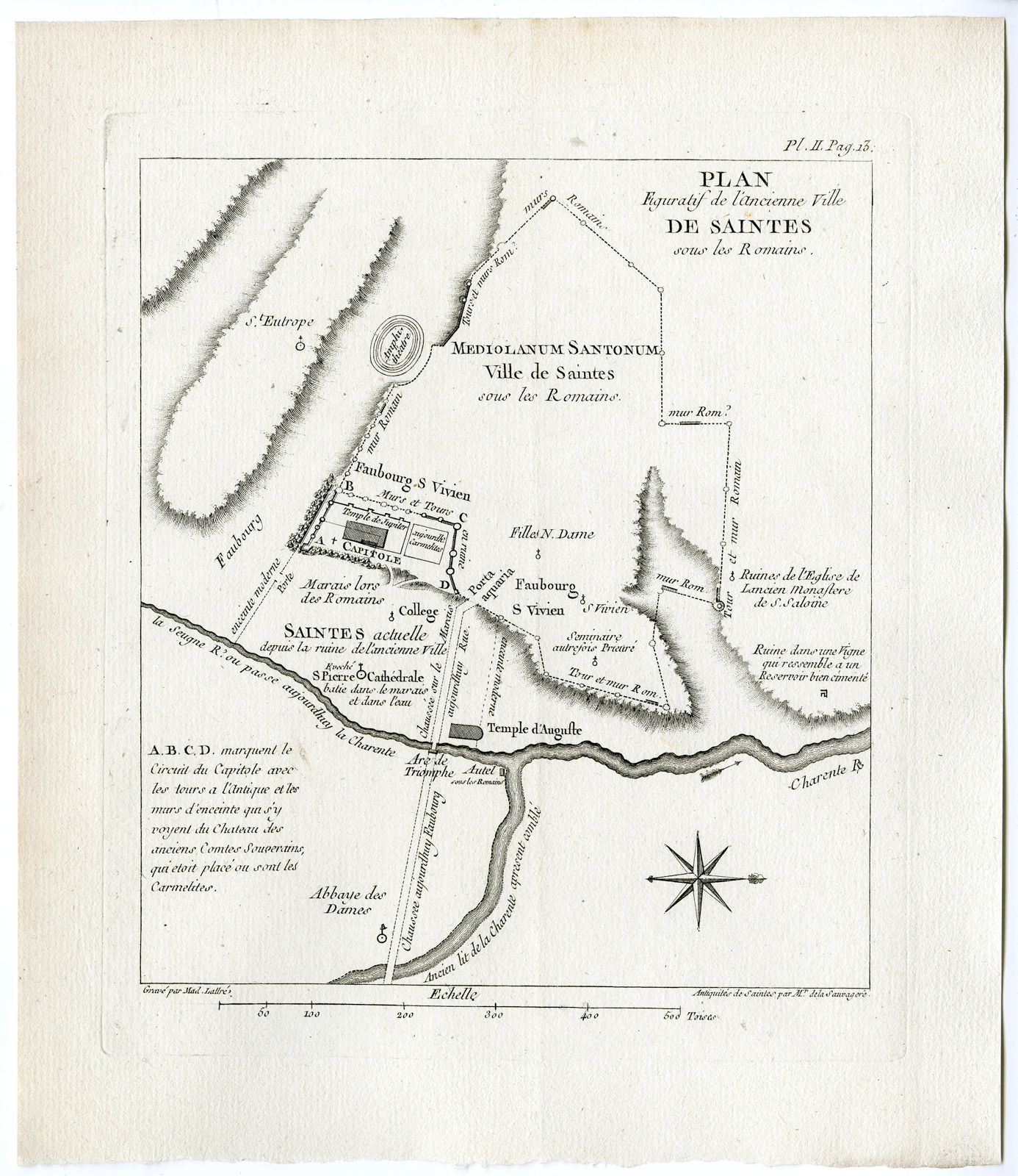 , Antique Print-VILLE DE SAINTES-PLAN-ROMAN EMPIRE-Sauvagere-Lattre-1770, Pictura Antique Prints