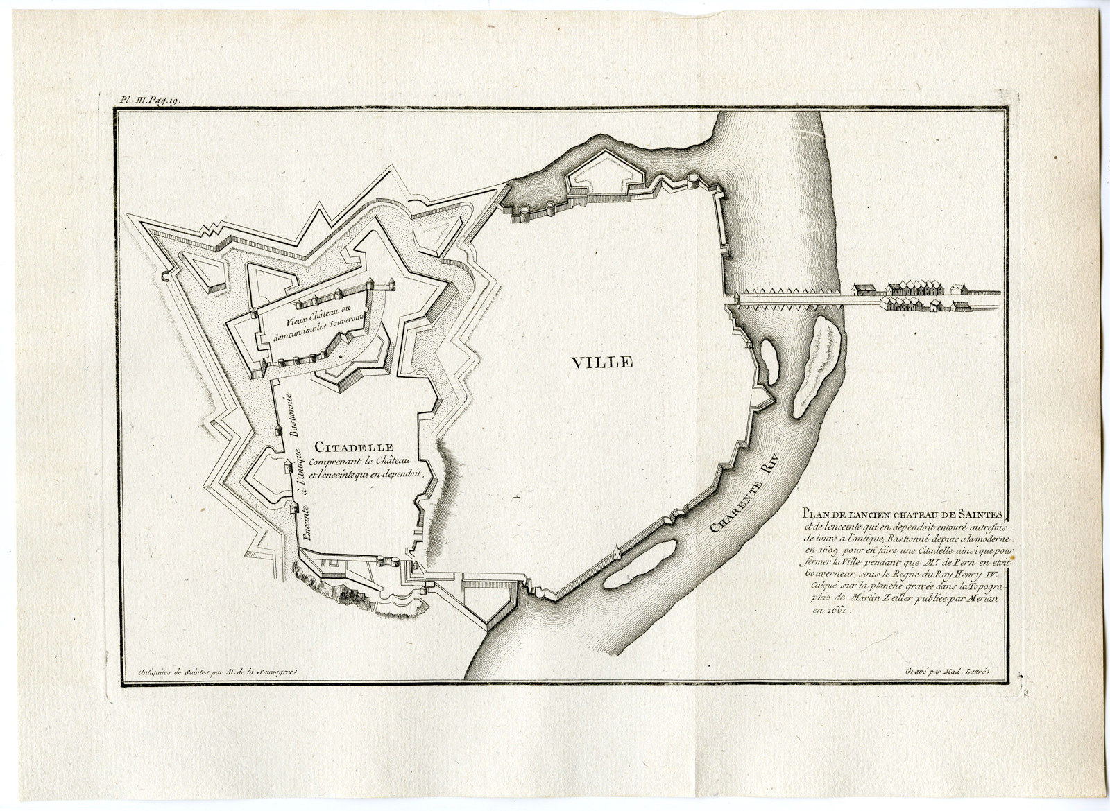 , Antique Print-VILLE DE SAINTES-PLAN-CHATEAU-CITADEL-Sauvagere-Lattre-1770, Pictura Antique Prints