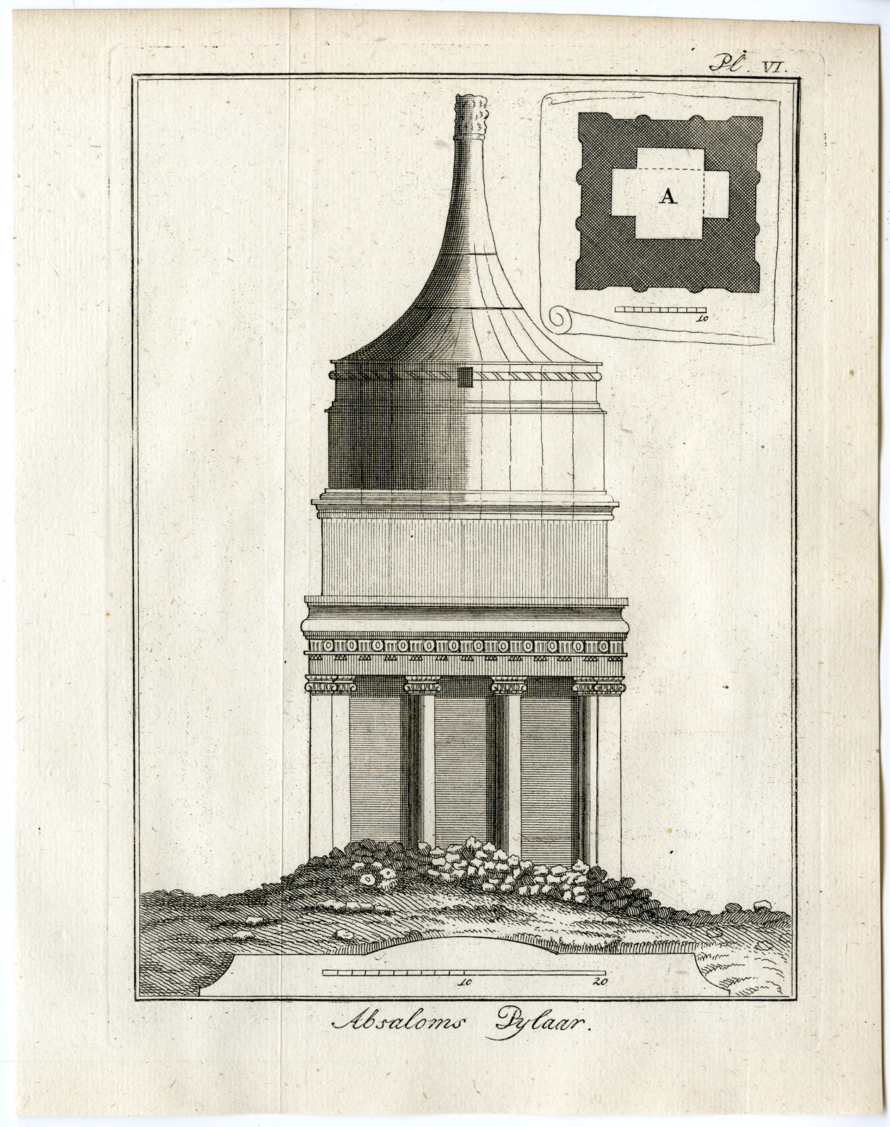 , Antique Print-JERUSALEM-TOMB OF ABSALOM-PILLAR-ISRAEL-PALESTINE-Pococke-1776, Pictura Antique Prints