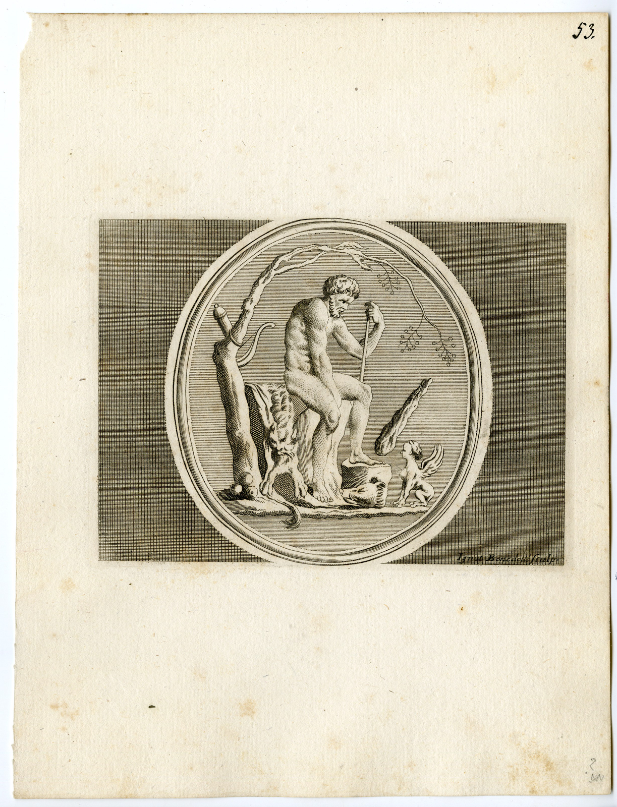 , Antique Print-SPHINX-BOAR-MAN-GRECO ROMAN MYTHOLOGY-P. 53-Bartoli-Benedetti-1782, Pictura Antique Prints
