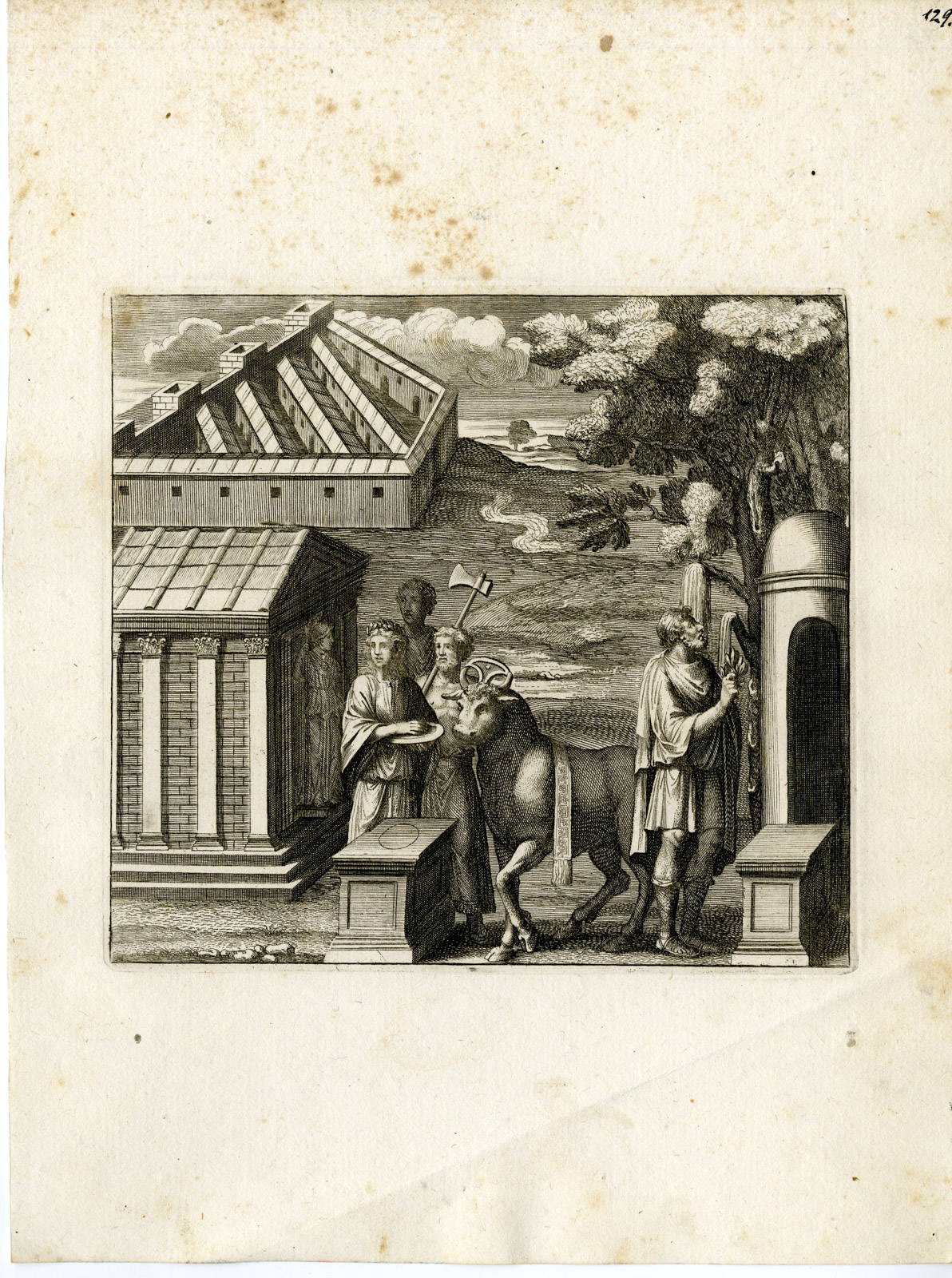 , Antique Print-BULL-OFFERING-GRECO ROMAN MYTHOLOGY-PL. 129-Bartoli-Anonymous-1782, Pictura Antique Prints