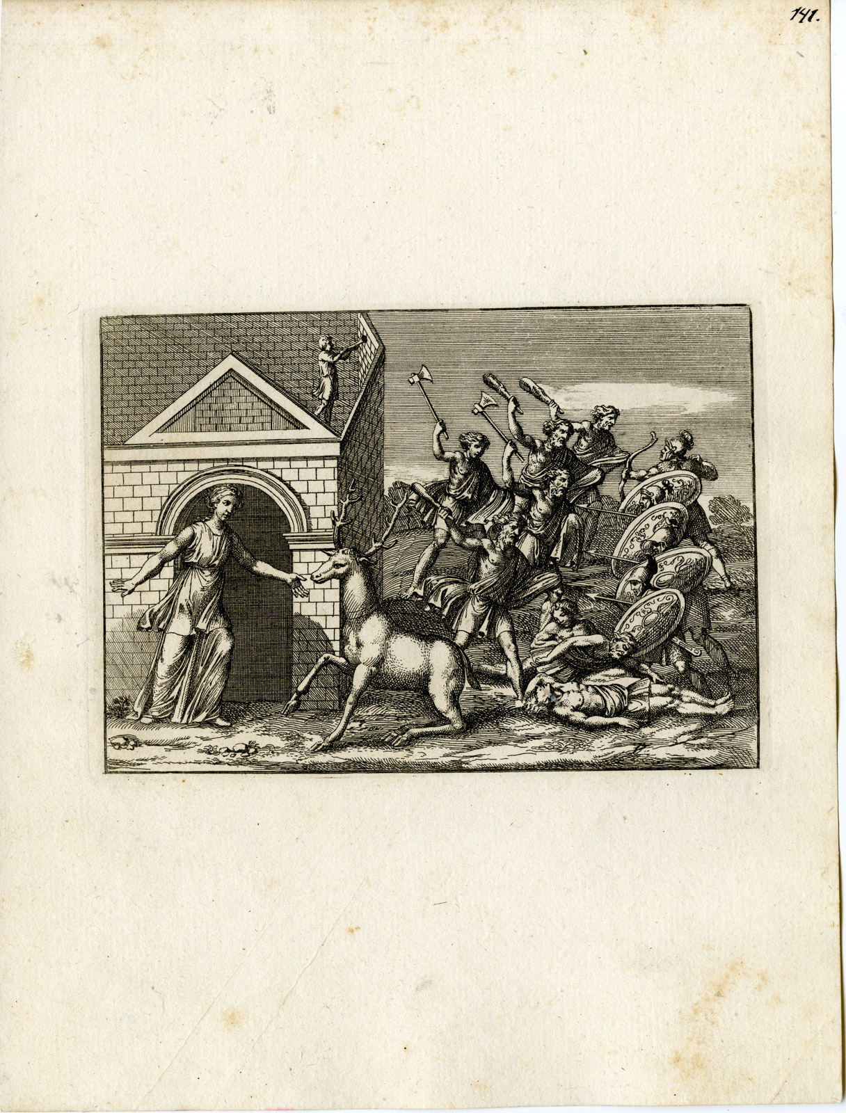, Antique Print-BATTLE-DIANA-ARTEMIS-DEER-MYTHOLOGY-PL. 141-Bartoli-anonymous-1782, Pictura Antique Prints