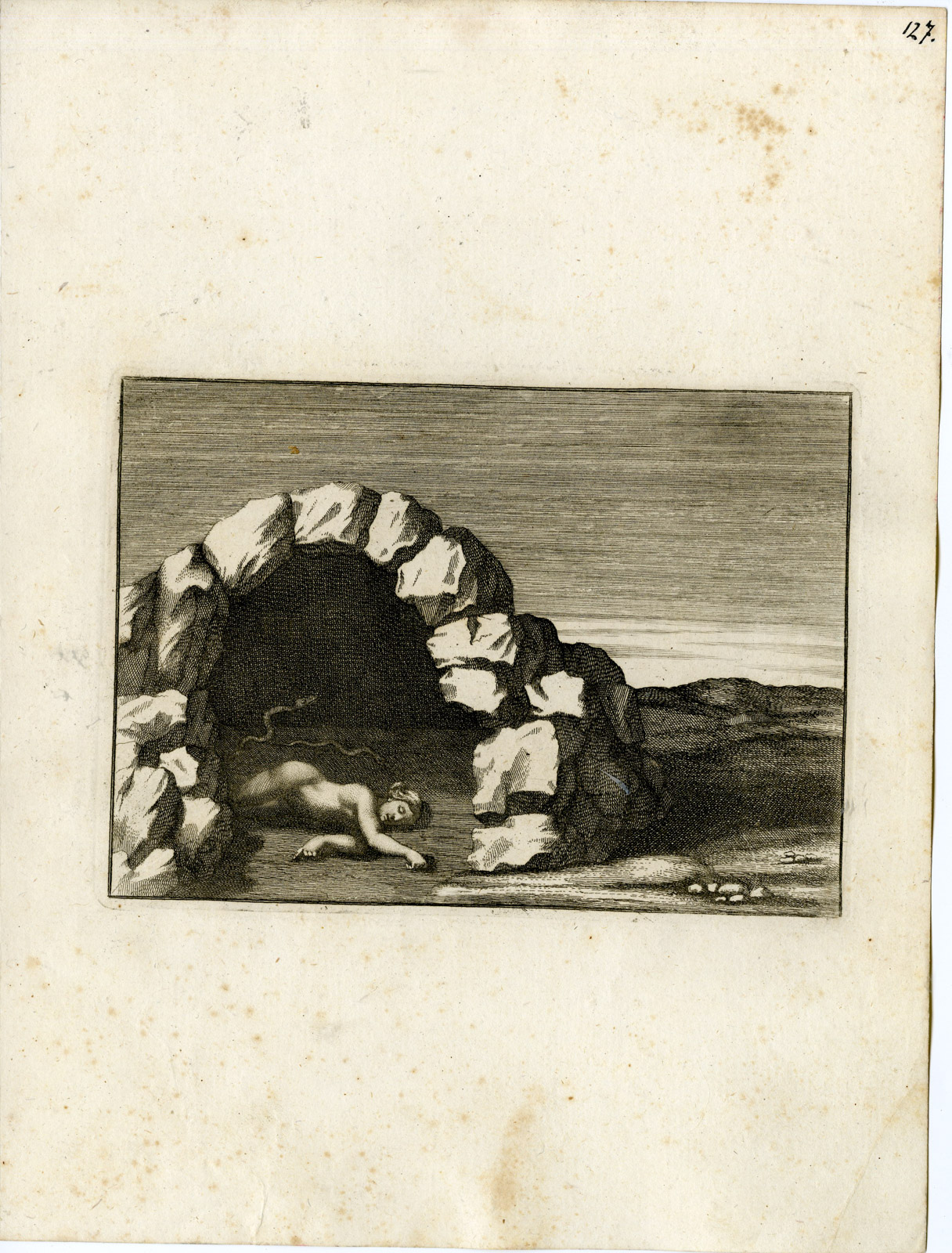 , Antique Print-CAVE-SNAKES-GRECO ROMAN MYTHOLOGY-PL. 127-Bartoli-anonymous-1782, Pictura Antique Prints