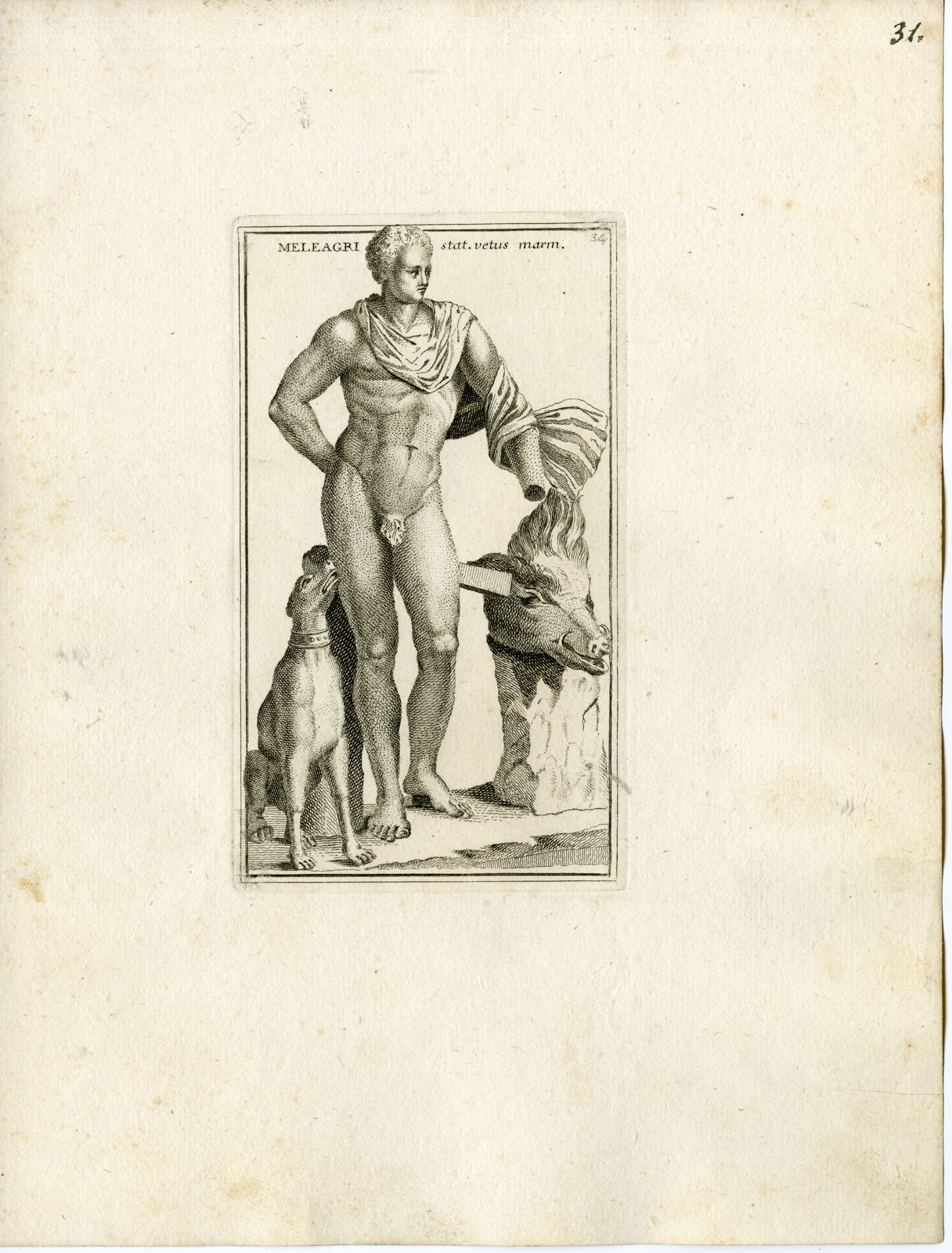 , Antique Print-MELEAGER-DOG-BOAR-GRECO ROMAN MYTHOLOGY-P31-Bartoli-anonymous-1782, Pictura Antique Prints