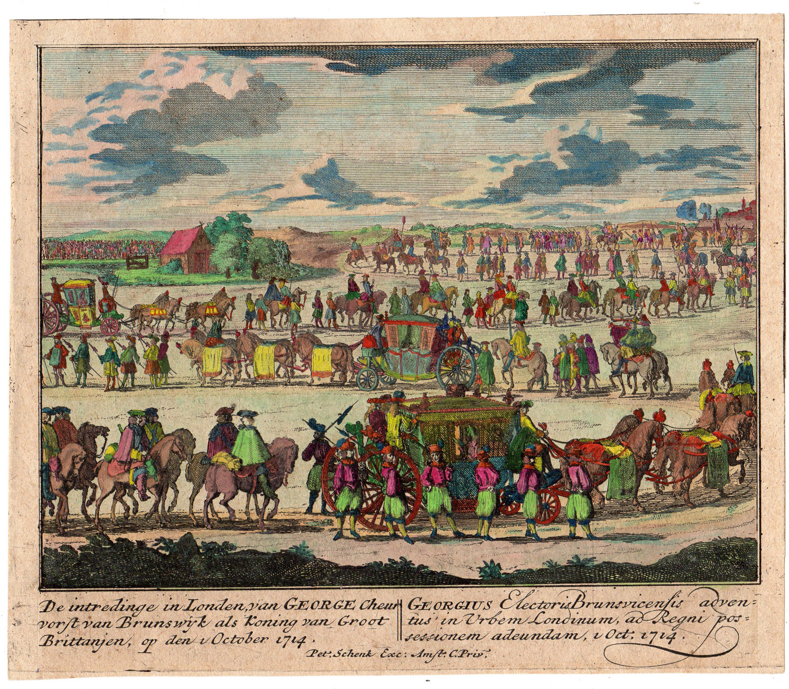 , Antique Print-PROCESSION-KING GEORGE-BRUNSWICK-LONDON-Schenk II-ca. 1750, Pictura Antique Prints