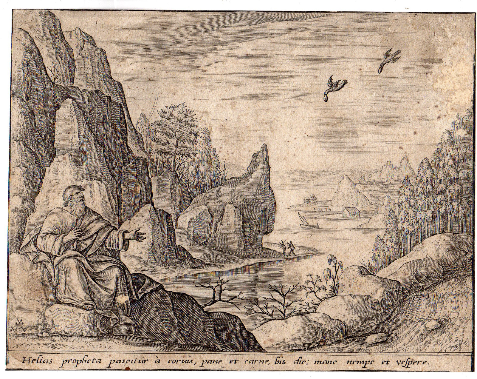 , Rare Antique Master Print-ELIA-PROPHET-LANDSCAPE-RAVEN-Valckenborch-ca. 1580, Pictura Antique Prints