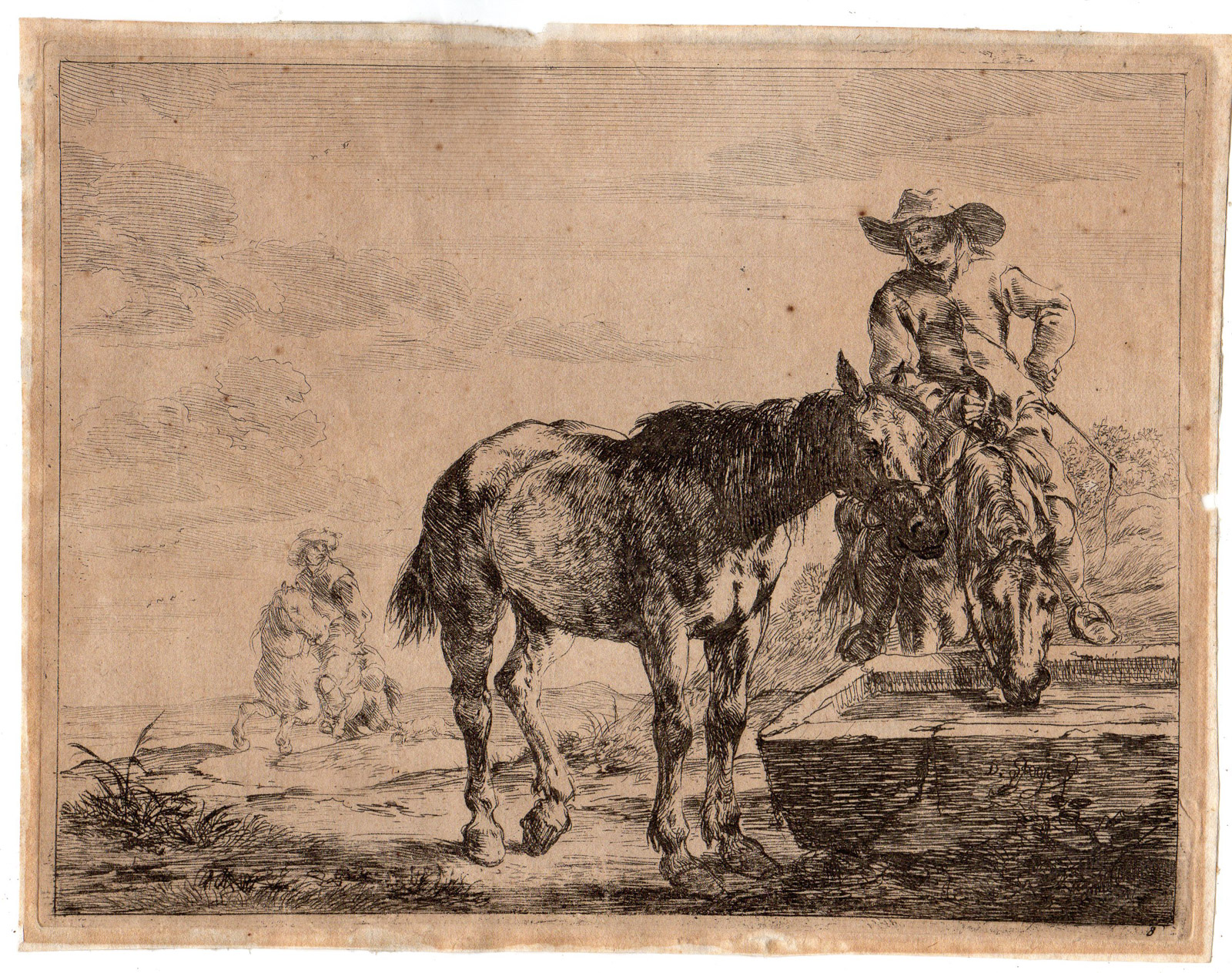 , Antique Master Print-HORSES-DRINKING-THROUGH-HORSEBACK-Stoop-1651, Pictura Antique Prints