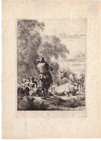 Antique Master Print-SHEPHERD-GIRL-FLUTE-GOAT-COW-LANDSCAPE-Berchem-1644