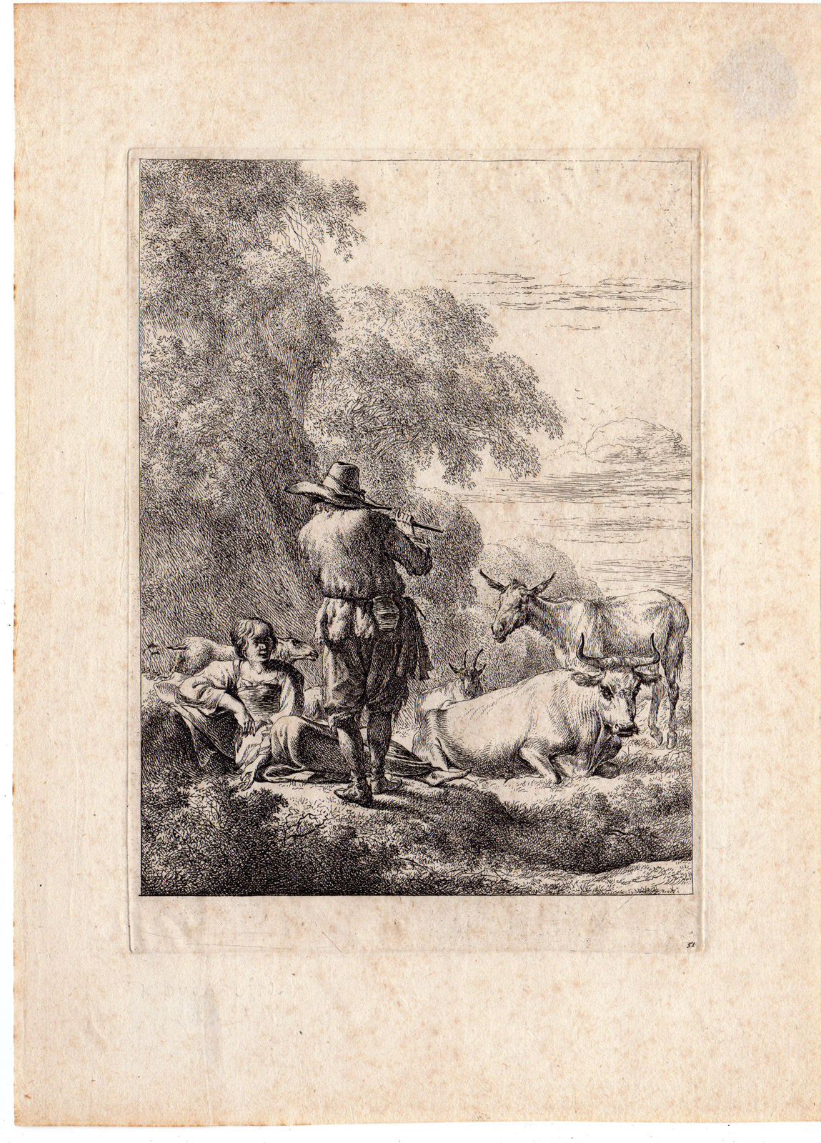 , Antique Master Print-SHEPHERD-GIRL-FLUTE-GOAT-COW-LANDSCAPE-Berchem-1644, Pictura Antique Prints