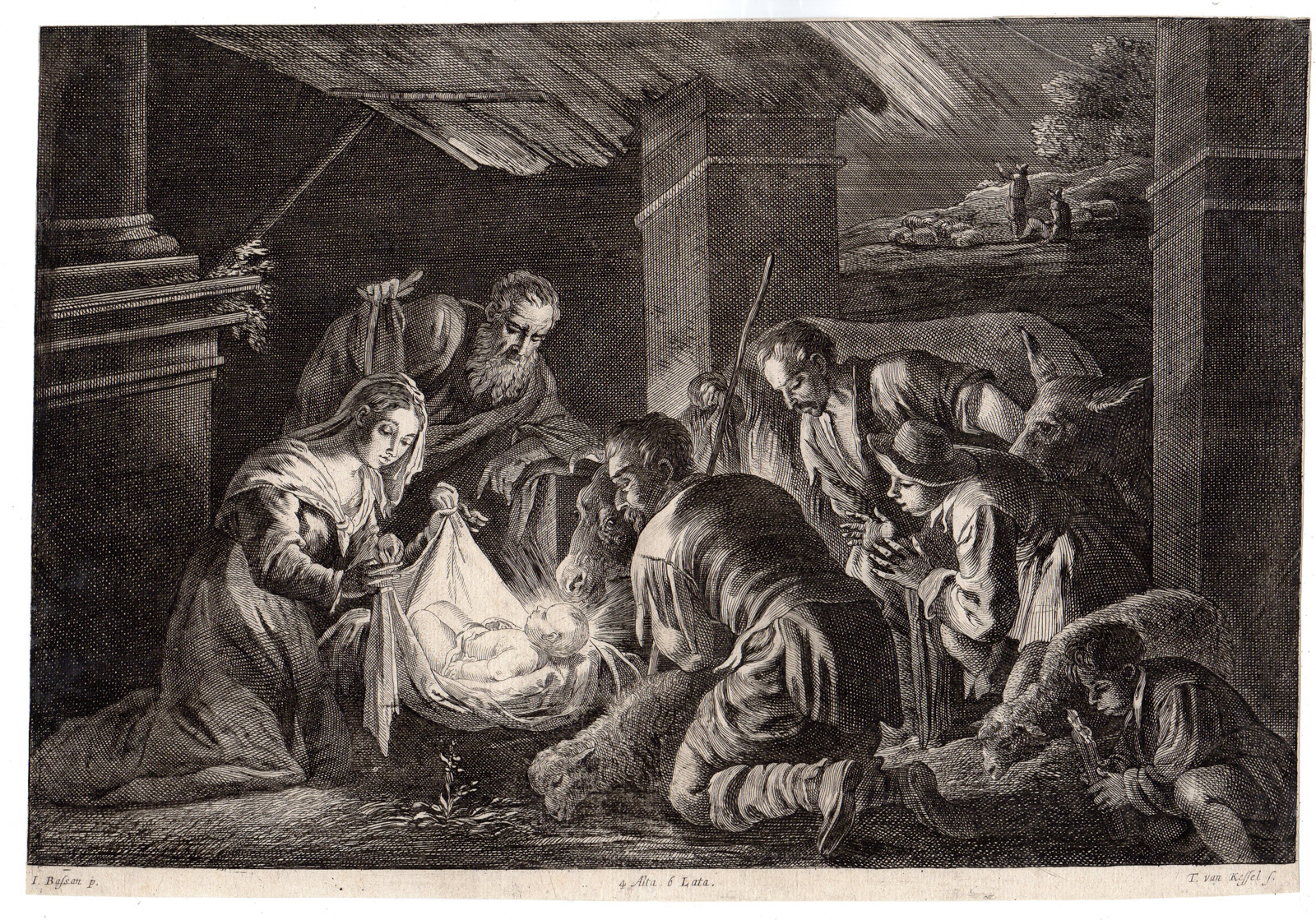 , Antique Print-ADORATION SHEPARDS-HOLY FAMILY-van Kessel-Teniers-Bassano-c1660, Pictura Antique Prints