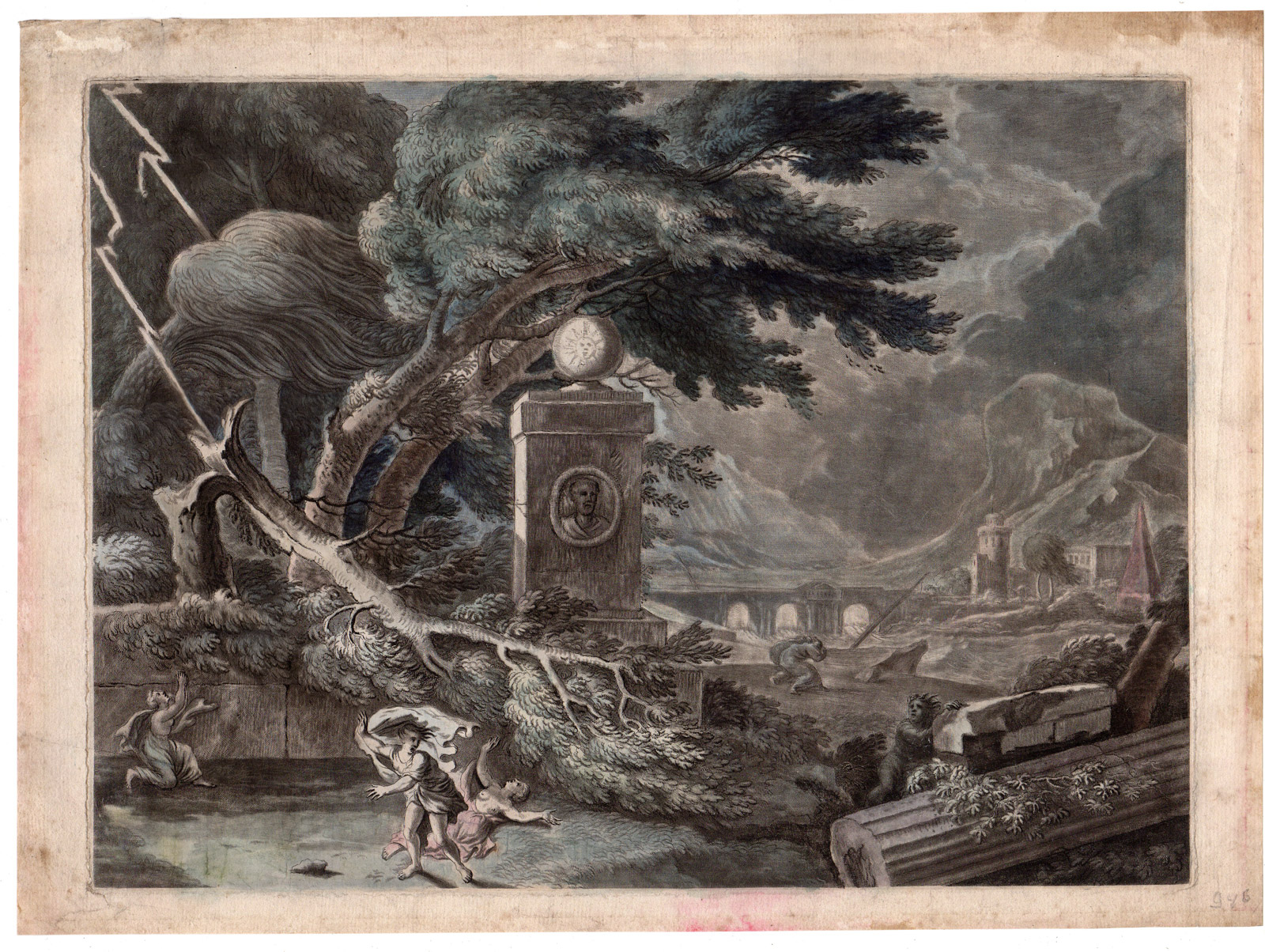 , Rare Antique Print-STORMY LANDSCAPE WITH FIGURES-Kirkall-van Huysum-1724, Pictura Antique Prints