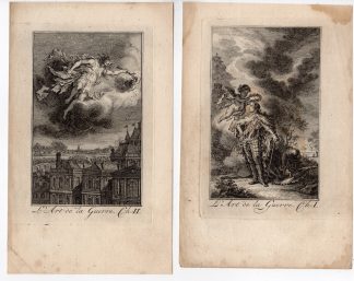 2 Antique Prints-ALLEGORY OF WAR-ANGEL-WREATH-Fokke-Mallet-1696