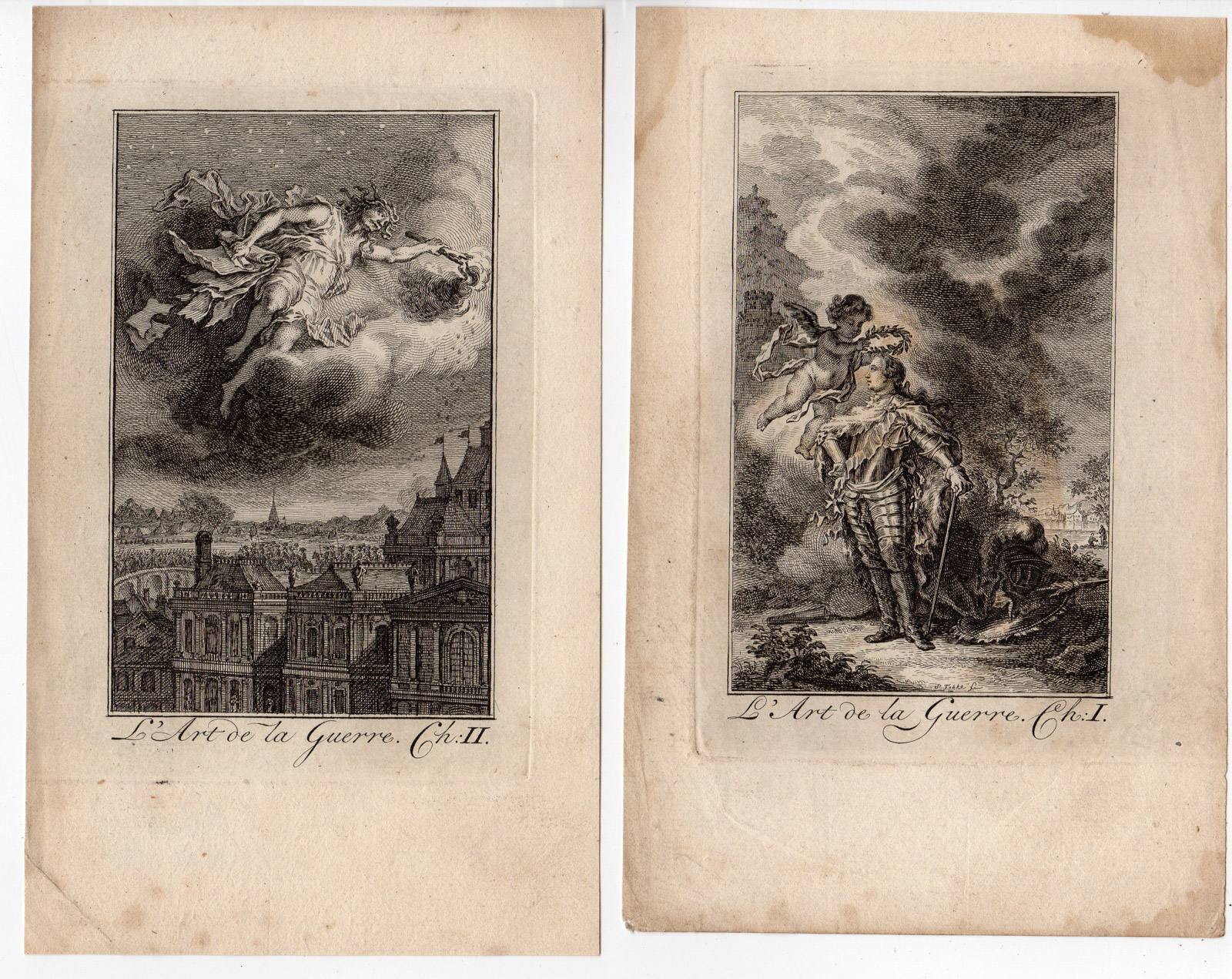 , 2 Antique Prints-ALLEGORY OF WAR-ANGEL-WREATH-Fokke-Mallet-1696, Pictura Antique Prints