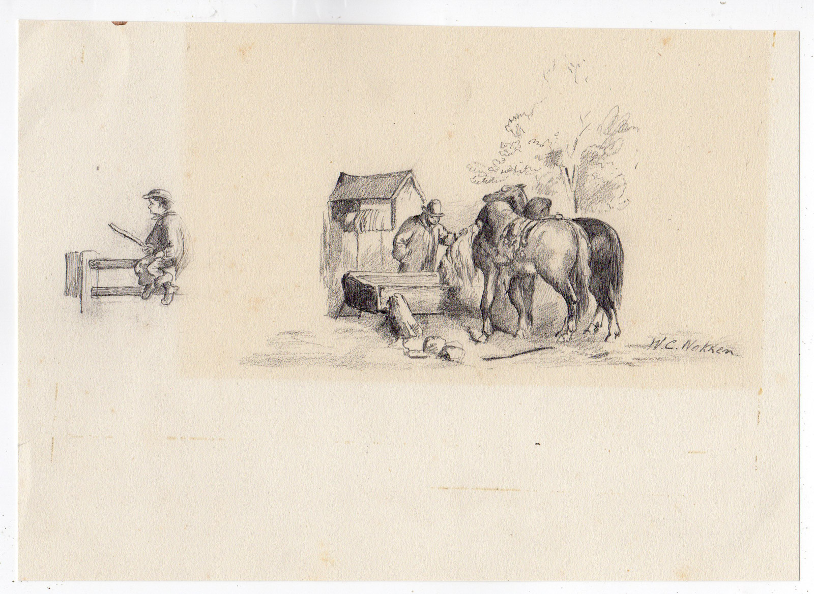 , 2 Antique Drawings-BOY ON FENCE-HORSES DRINKING-WELL-Nakken-ca.1890, Pictura Antique Prints
