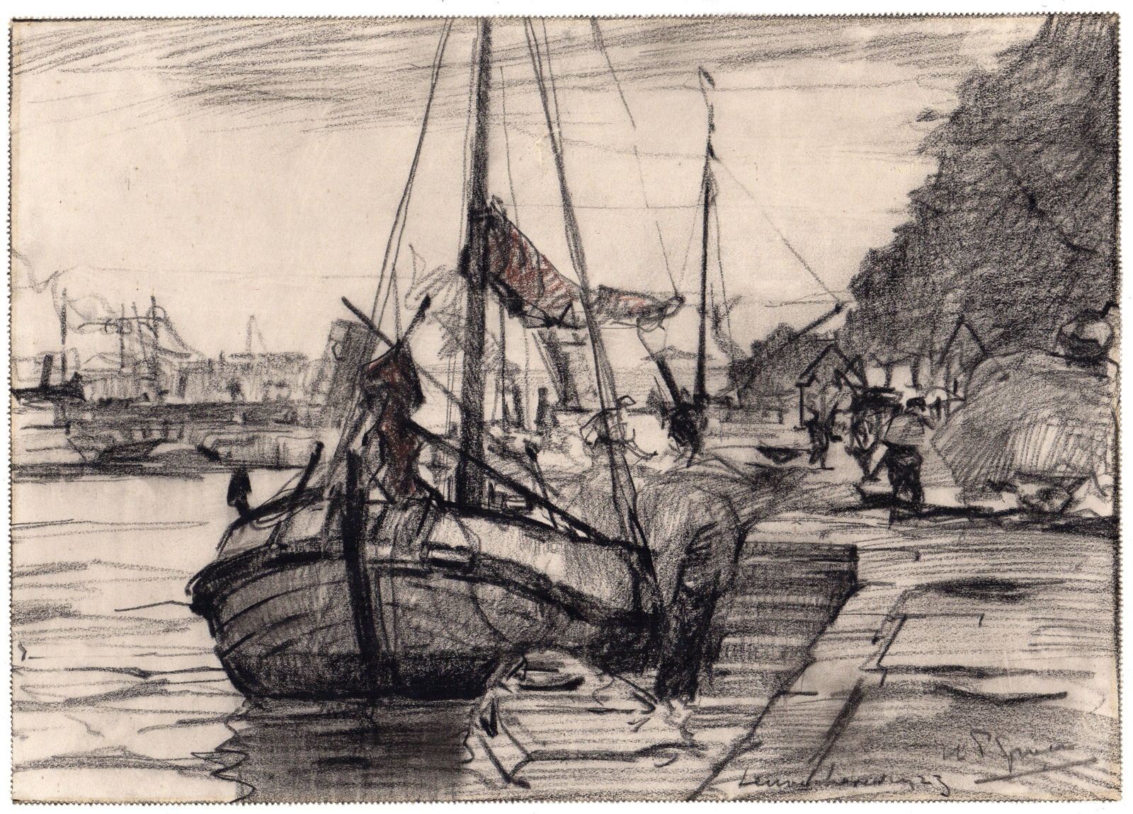 RB 1726 416x299 Antique Drawing-LEUVEHAVEN-ROTTERDAM-HARBOUR-SHIPS-Groen-1923