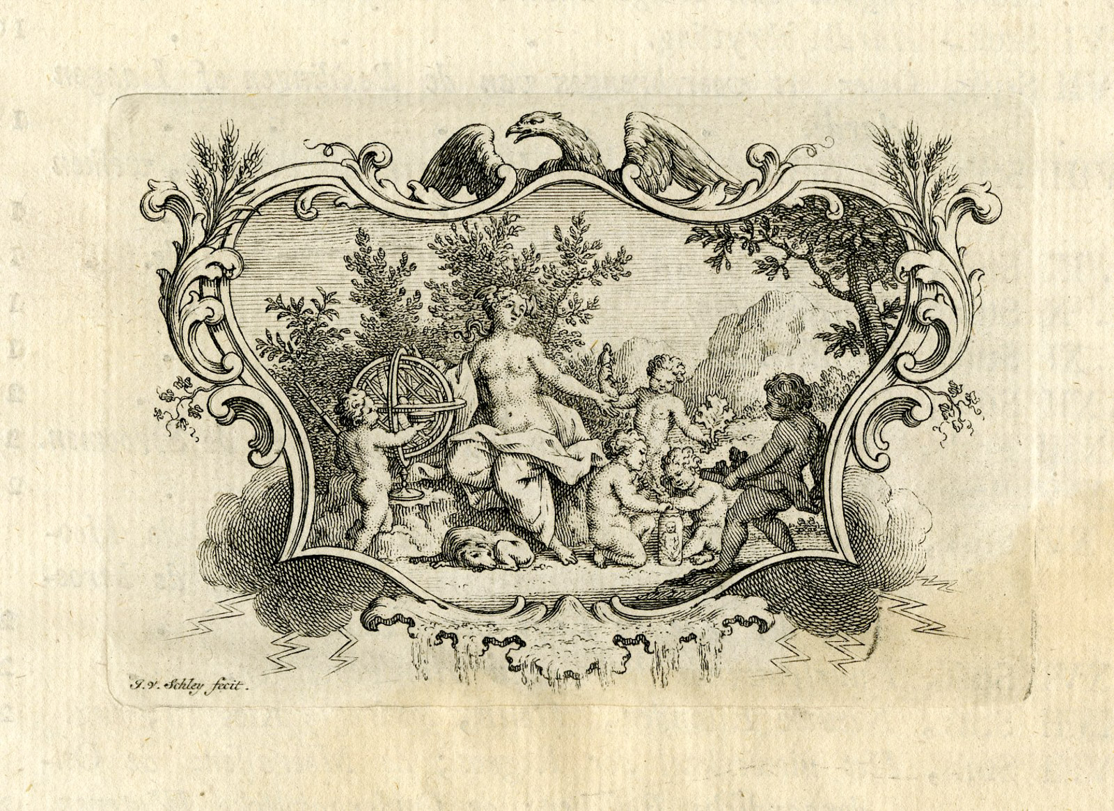 , Antique Print-VIGNETTE-ARMILLARY SPHERE-PUTTI-ALLEGORY-Buffon-van Schley-1773, Pictura Antique Prints