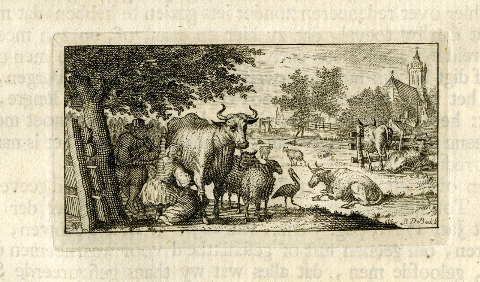 , Antique Print-VIGNETTE-COW-CATTLE-MILKING-FARM-CHURCH-Buffon-de Bakker-1773, Pictura Antique Prints