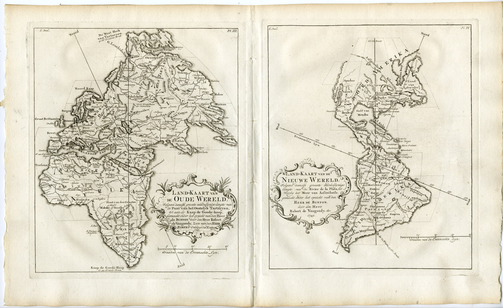 , 2 Antique Prints-WORLD MAP-OLD-NEW-Vaugondy-Buffon-1773, Pictura Antique Prints