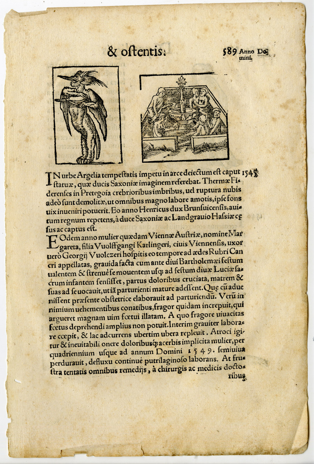 , Rare Antique Print-THERMAE-HEAVY RAINFALL-BIRTH DEFORMITY-Lycosthenes-1557, Pictura Antique Prints
