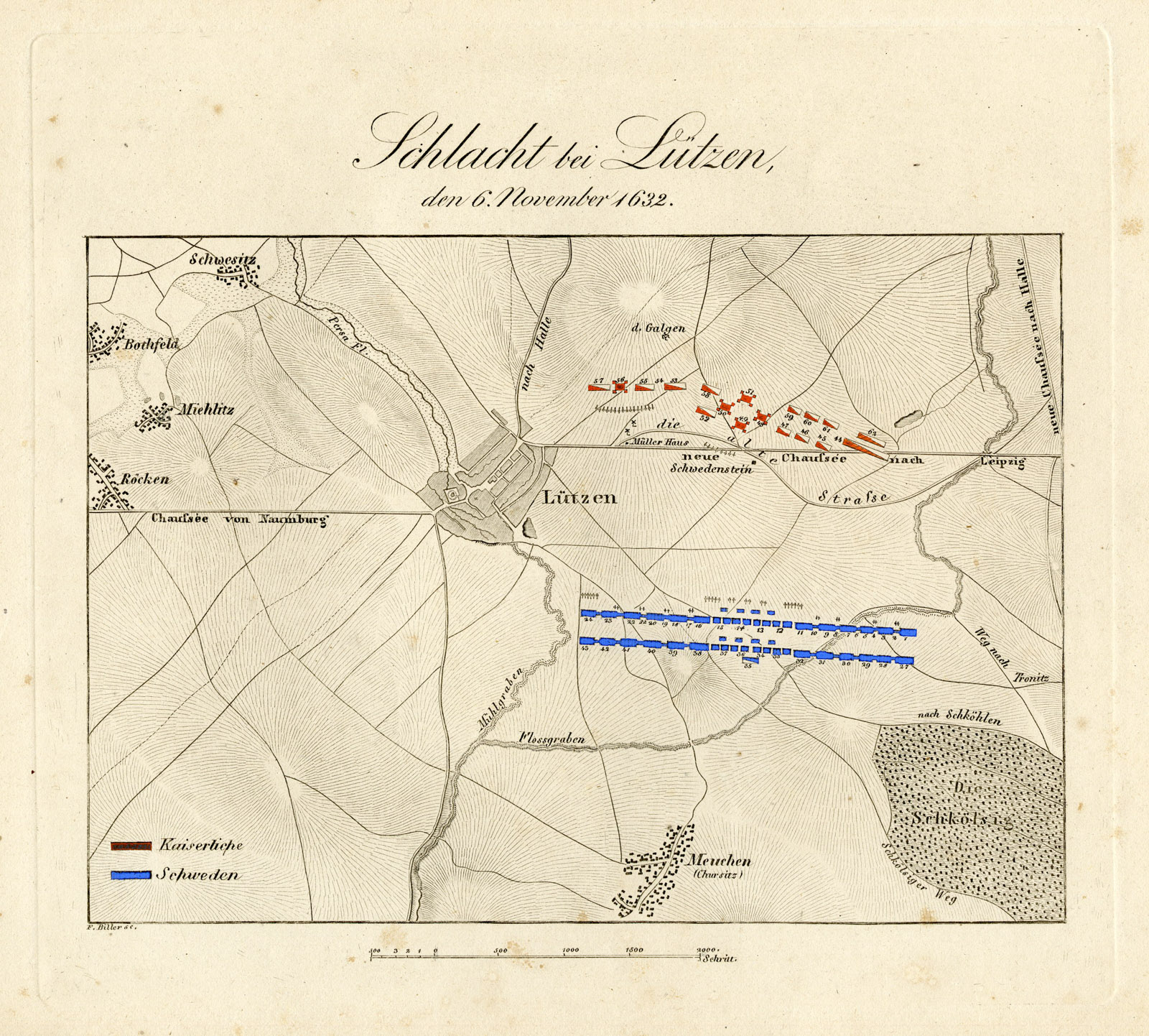 , Antique Map-BATTLE OF LUTZEN-GERMANY-30 YEARS’ WAR-Biller-von Rothenburg-1837, Pictura Antique Prints