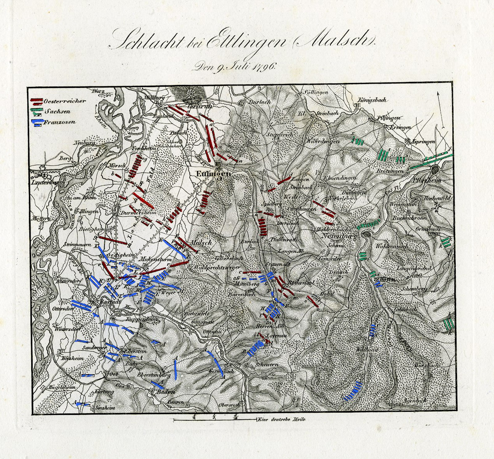 , Antique Map-BATTLE OF ETTLINGEN-MALSCH-GERMANY-von Rothenburg-1837, Pictura Antique Prints