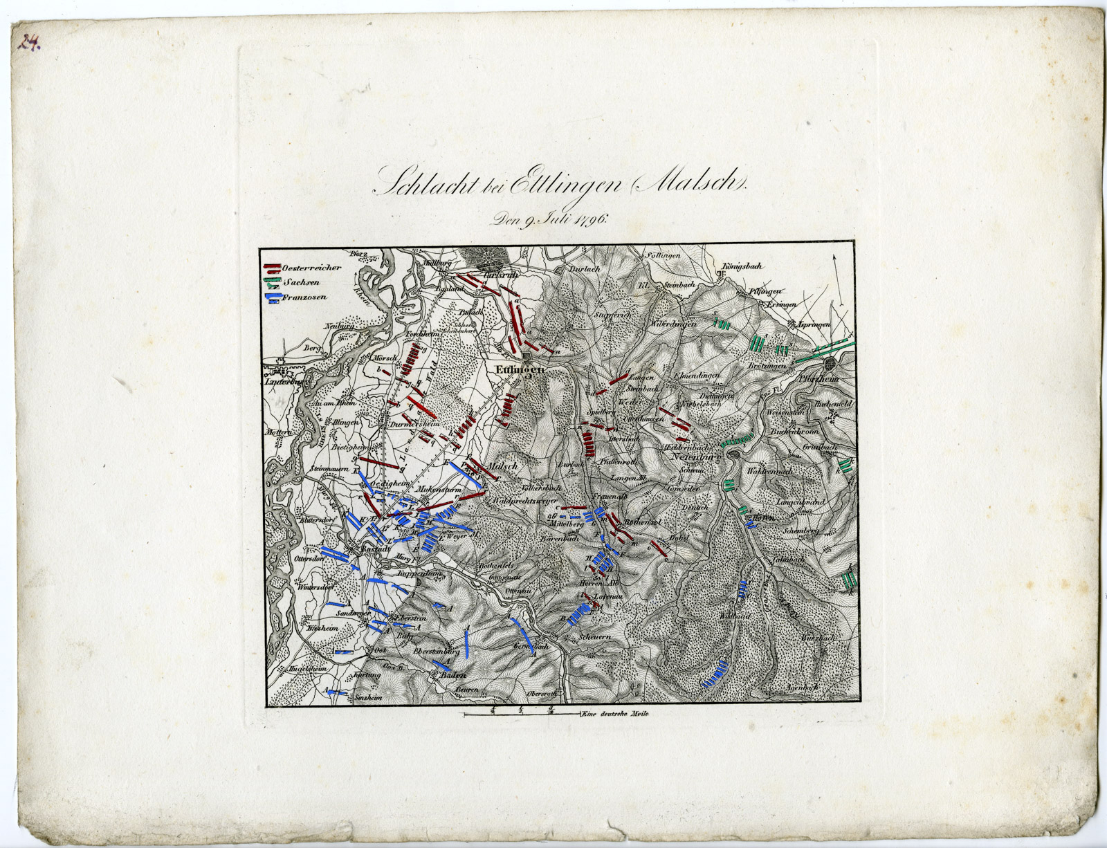 , Antique Map-BATTLE OF ETTLINGEN-MALSCH-GERMANY-von Rothenburg-1837, Pictura Antique Prints