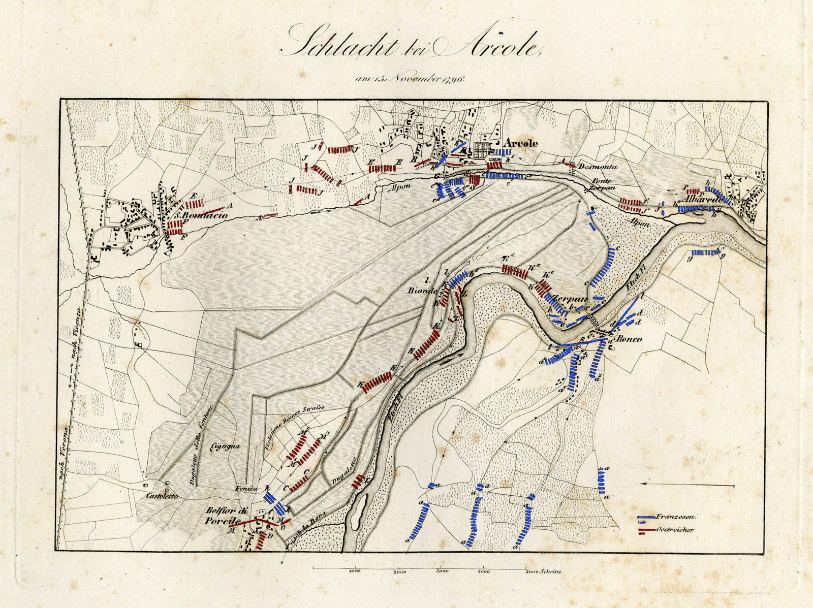 , 2-Antique Maps-BATTLE OF ARCOLE-ARCOLA-ITALY-von Rothenburg-1837, Pictura Antique Prints