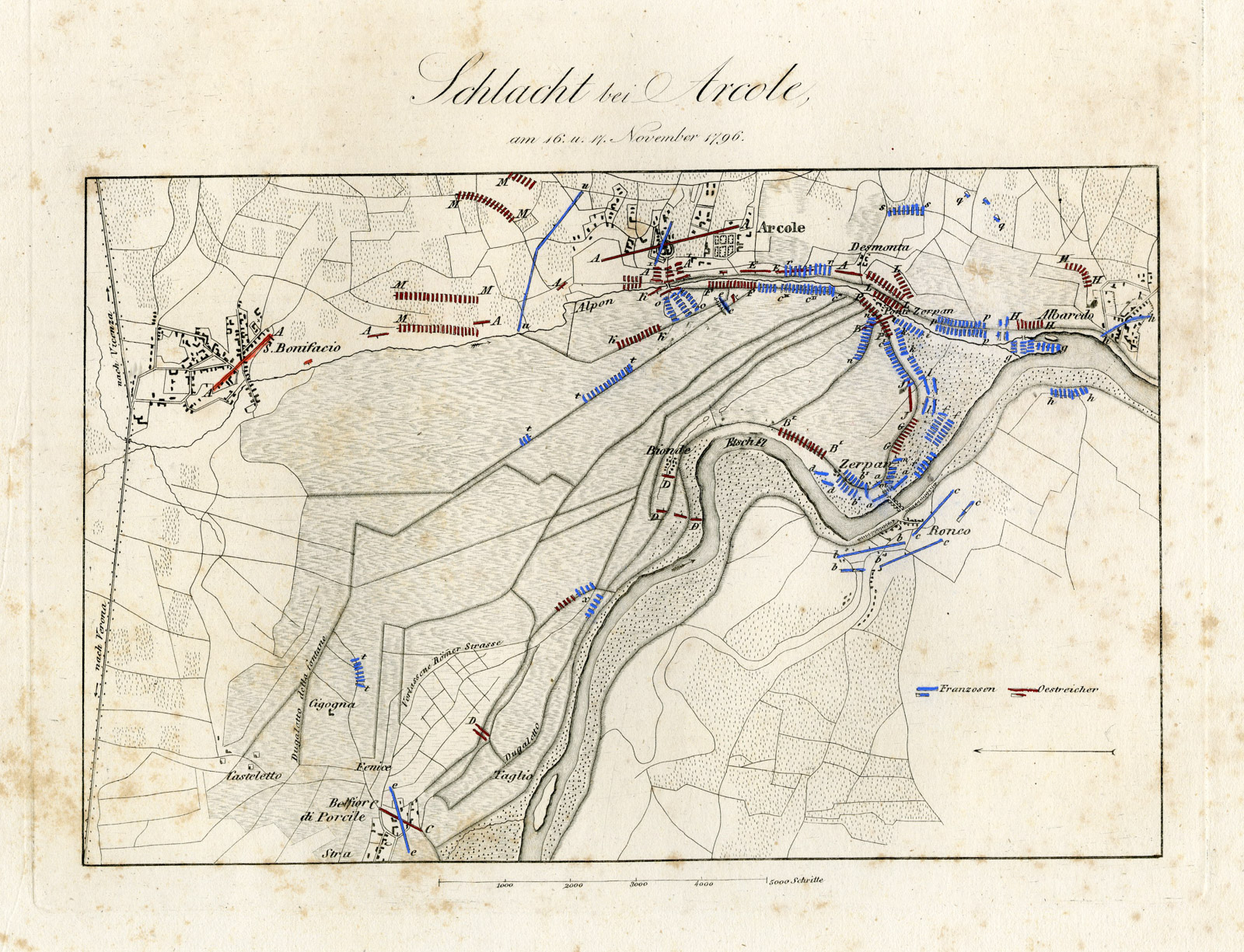 , 2-Antique Maps-BATTLE OF ARCOLE-ARCOLA-ITALY-von Rothenburg-1837, Pictura Antique Prints