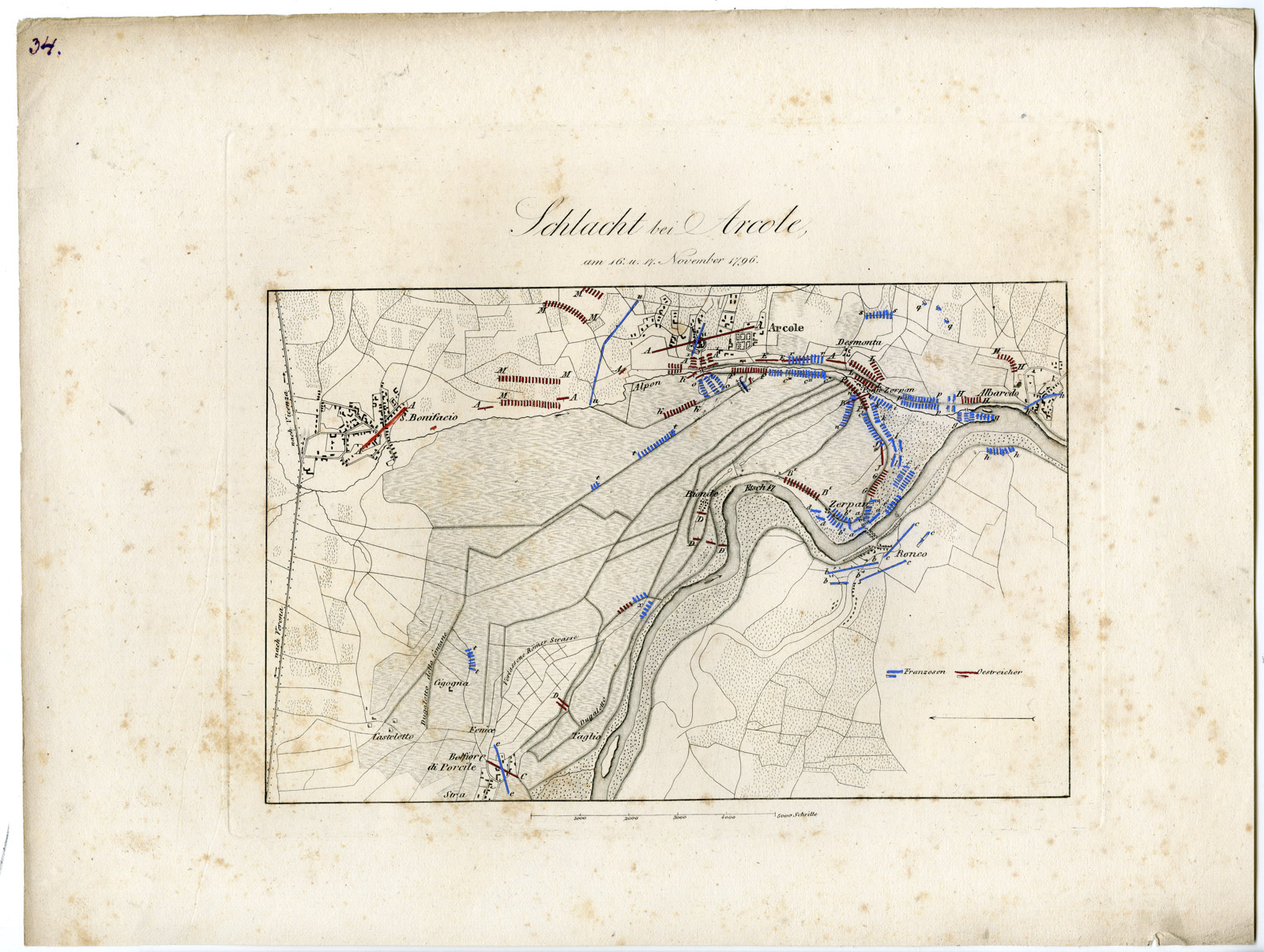 , 2-Antique Maps-BATTLE OF ARCOLE-ARCOLA-ITALY-von Rothenburg-1837, Pictura Antique Prints