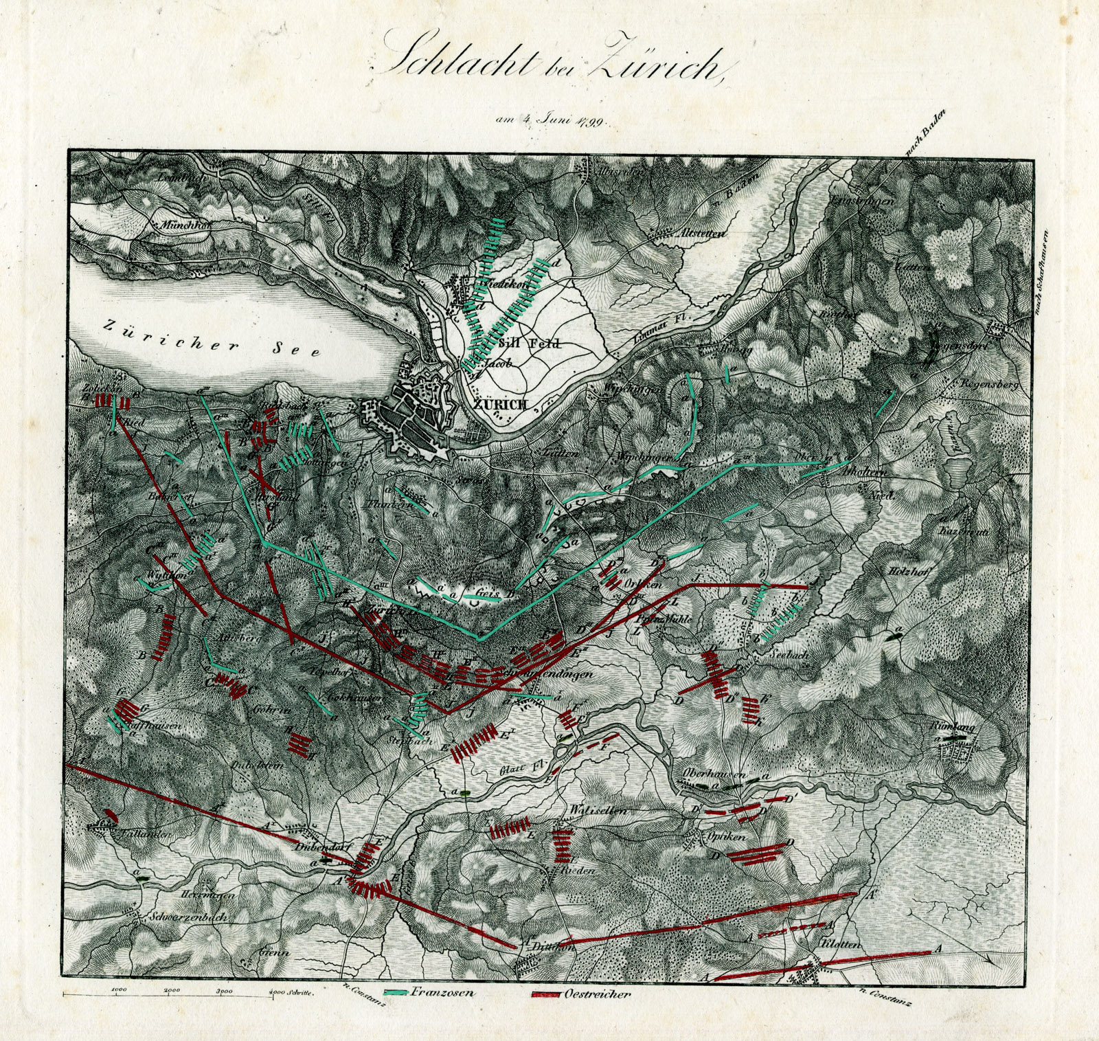 , Antique Map-BATTLE OF ZURICH-SWITZERLAND-von Rothenburg-1837, Pictura Antique Prints