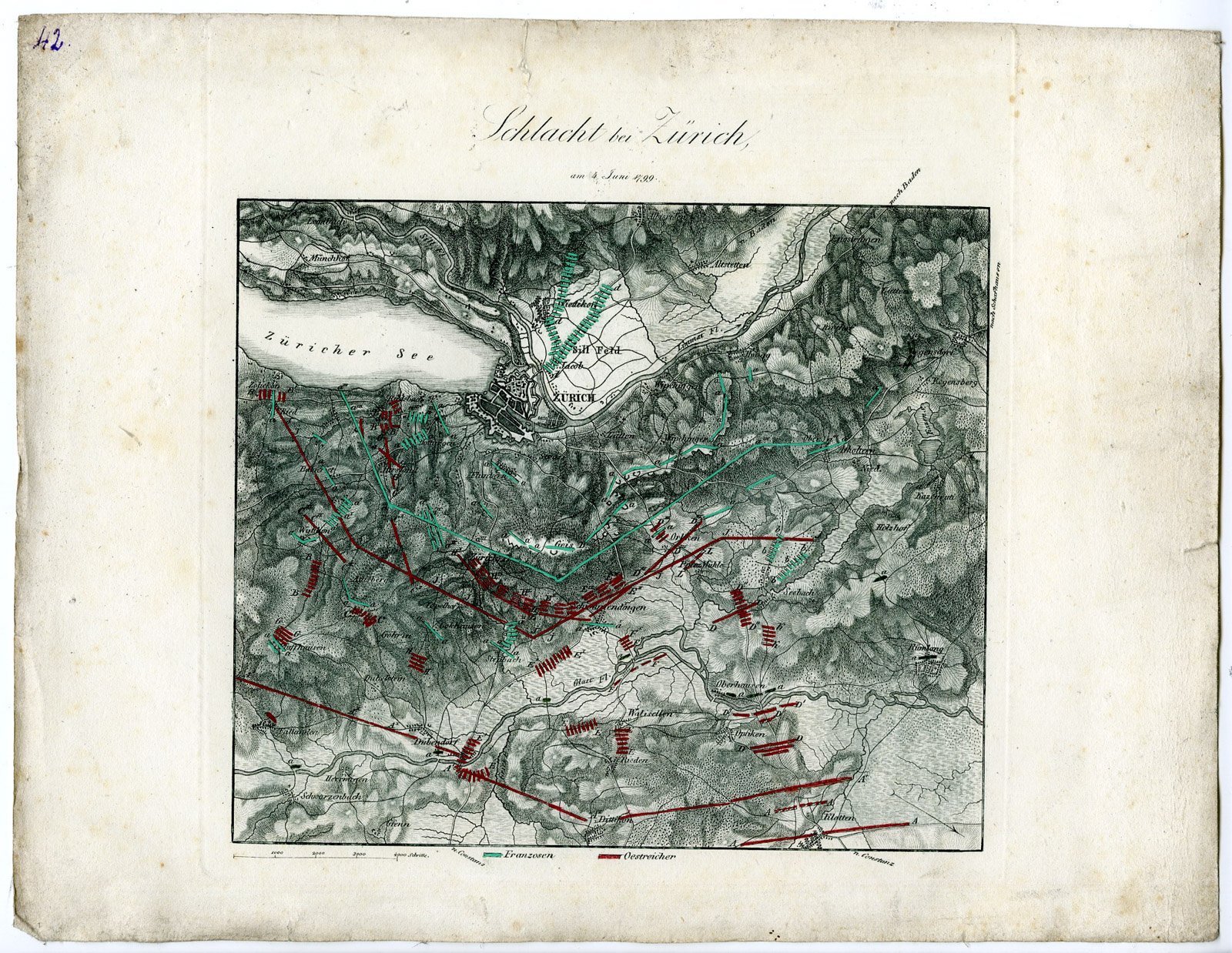 , Antique Map-BATTLE OF ZURICH-SWITZERLAND-von Rothenburg-1837, Pictura Antique Prints
