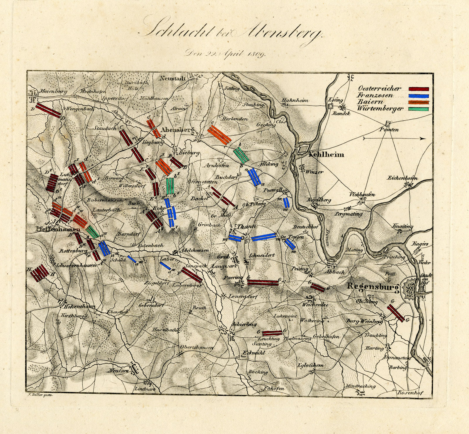, Antique Map-BATTLE OF ABENSBERG-GERMANY-Biller-von Rothenburg-1837, Pictura Antique Prints
