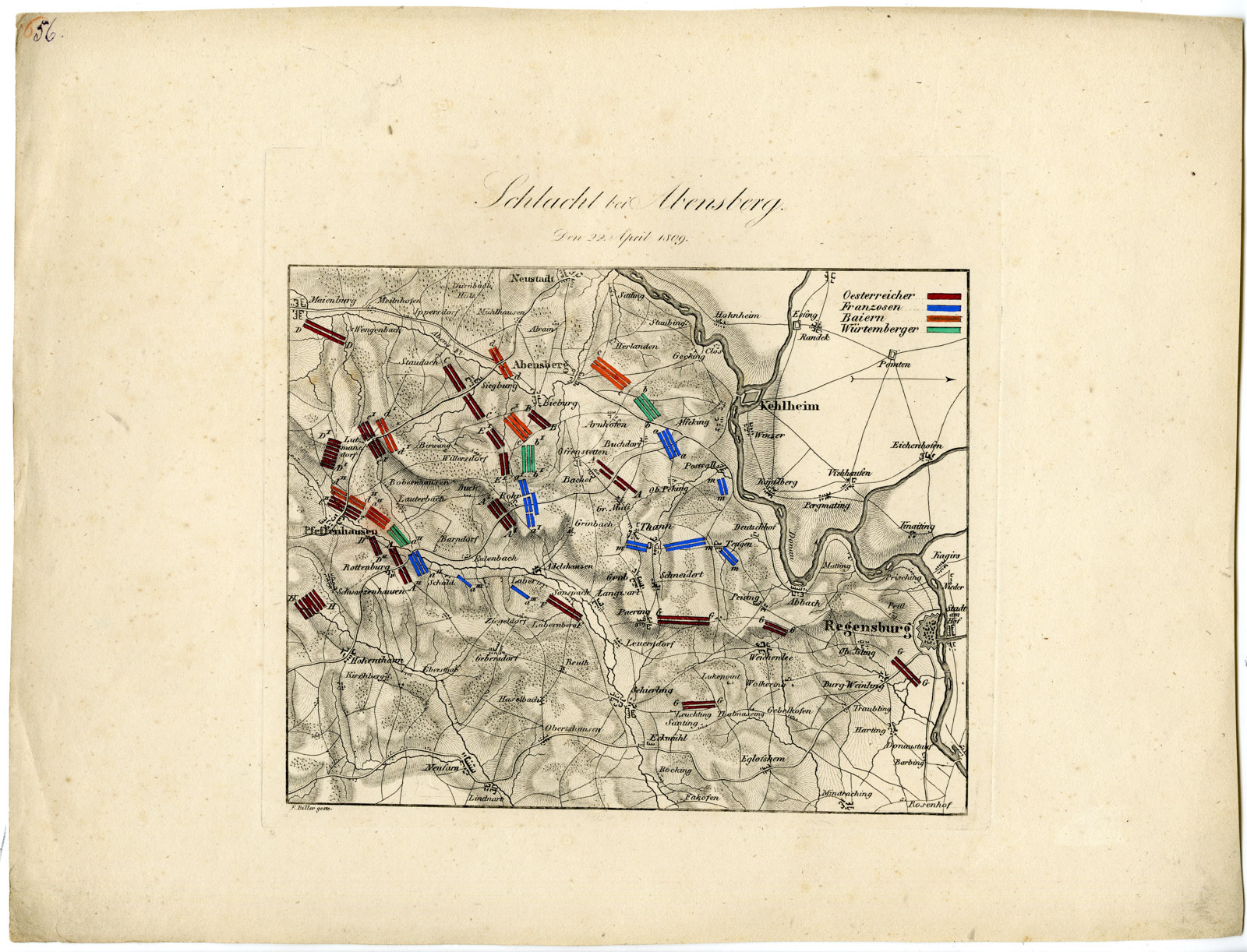 , Antique Map-BATTLE OF ABENSBERG-GERMANY-Biller-von Rothenburg-1837, Pictura Antique Prints