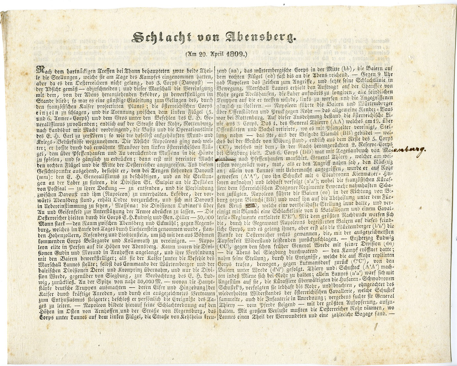 , Antique Map-BATTLE OF ABENSBERG-GERMANY-Biller-von Rothenburg-1837, Pictura Antique Prints