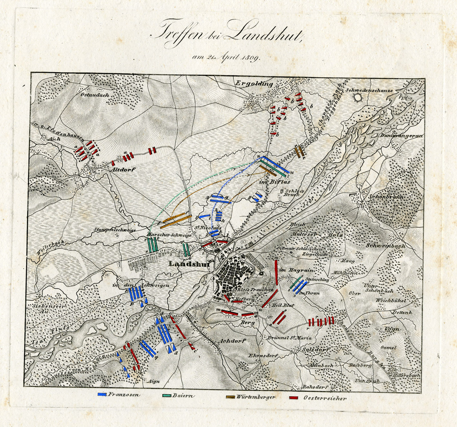 , Antique Map-BATTLE OF LANDSHUT-GERMANY-von Rothenburg-1837, Pictura Antique Prints