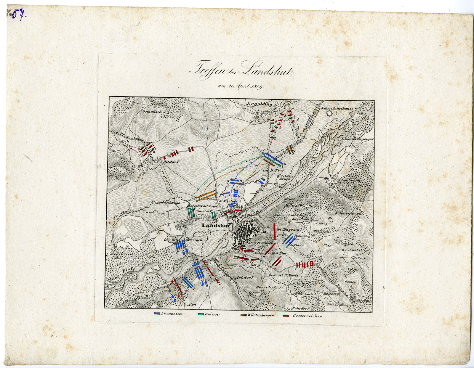 , Antique Map-BATTLE OF LANDSHUT-GERMANY-von Rothenburg-1837, Pictura Antique Prints